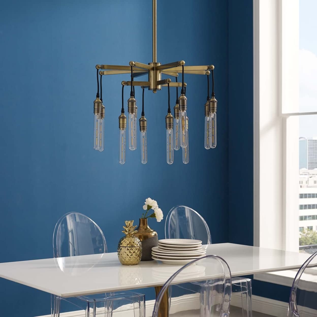 Modway EEI-3274 Antique Brass Ceiling Light Pendant Chandelier - Vintage Yellow Glass Shade for Dining Room, Kitchen Island & Bedroom Lighting