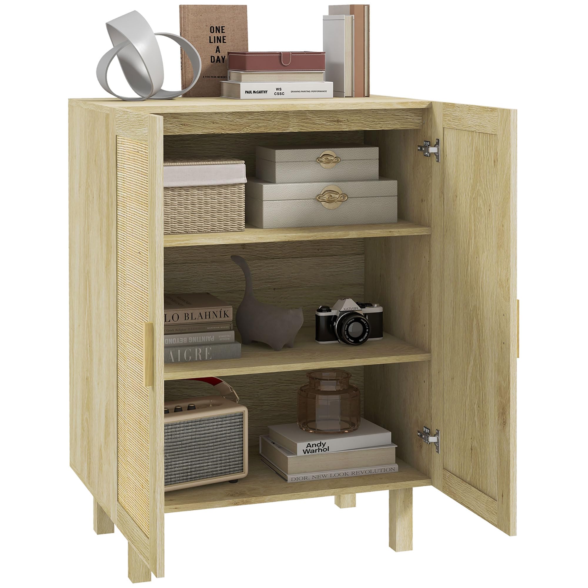 HOMCOM Sideboard Buffet Cabinet with 2 Rattan Doors & Adjustable Shelves - Kitchen Coffee Bar Cabinet for Living Room, Dining Room - Natural Wood Storage Organizer for Home Decor & Entertaining