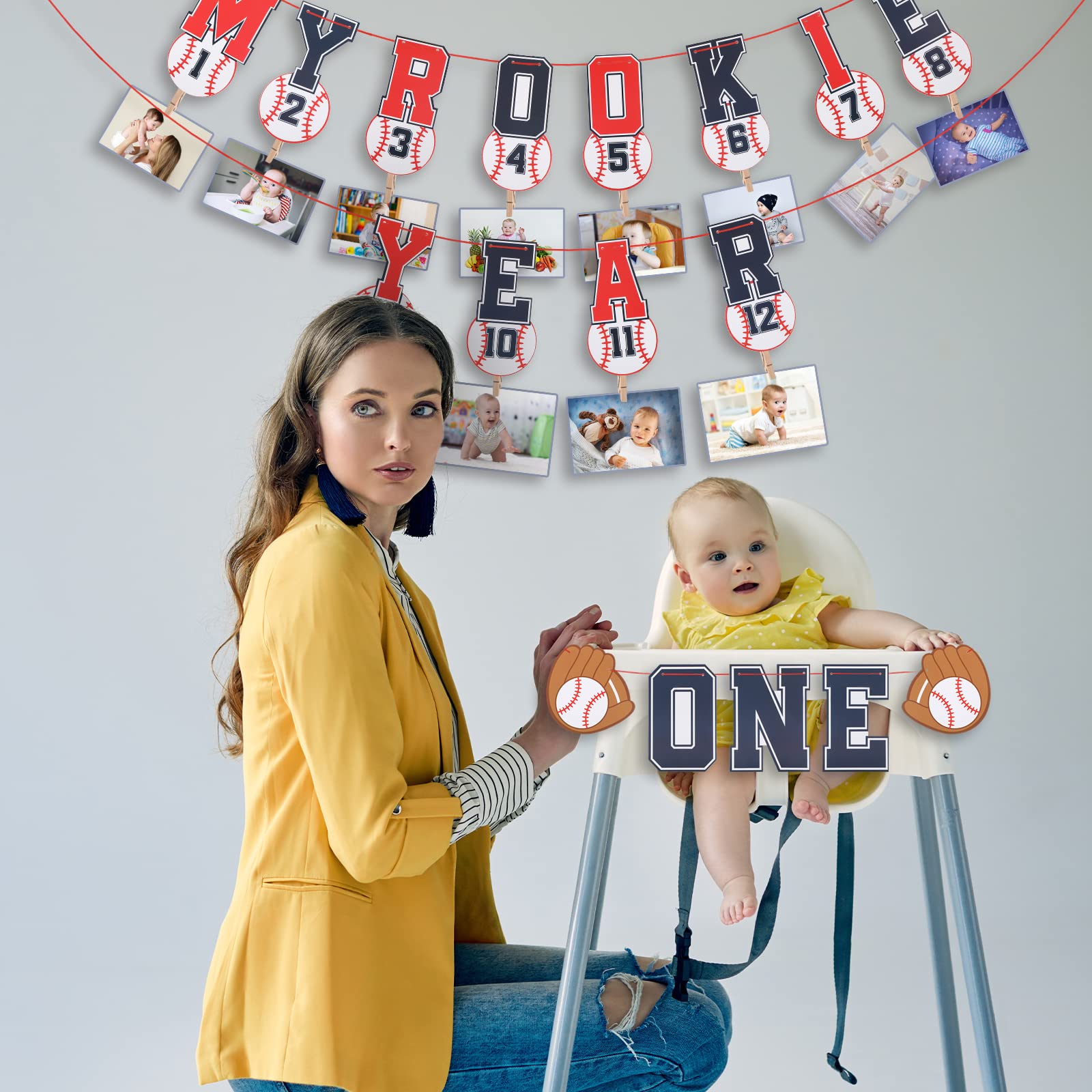 Geyee 2-Pack 1st Birthday Photo Banner Set - Rookie of the Year Baseball Theme Monthly Milestone Banner & High Chair Decor for Baby Shower, Sports Party Supplies - Perfect for Baseball-Themed First Birthday Parties