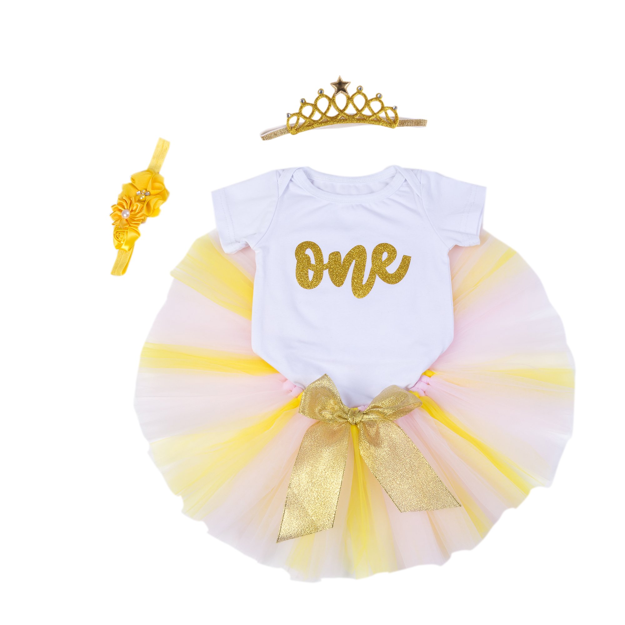 1st Birthday Outfit for Baby Girls - Bling Romper, Tutu Skirt & Flower Crown Headband Set | Photo Shoot, Party Dress, Special Occasion Wear