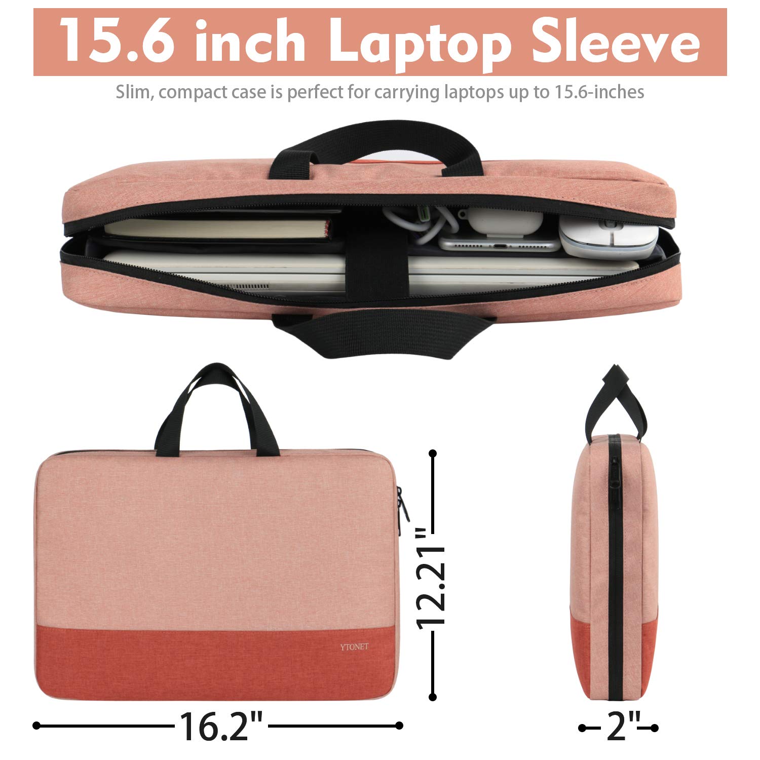 Ytonet 15.6 Inch Water Resistant Laptop Sleeve Case - TSA Approved Travel & Business Computer Cover with Handle, Compatible with HP Dell Lenovo Asus Notebooks, Coral Pink, Ideal for Women, Perfect for Office, Commute, and Air Travel