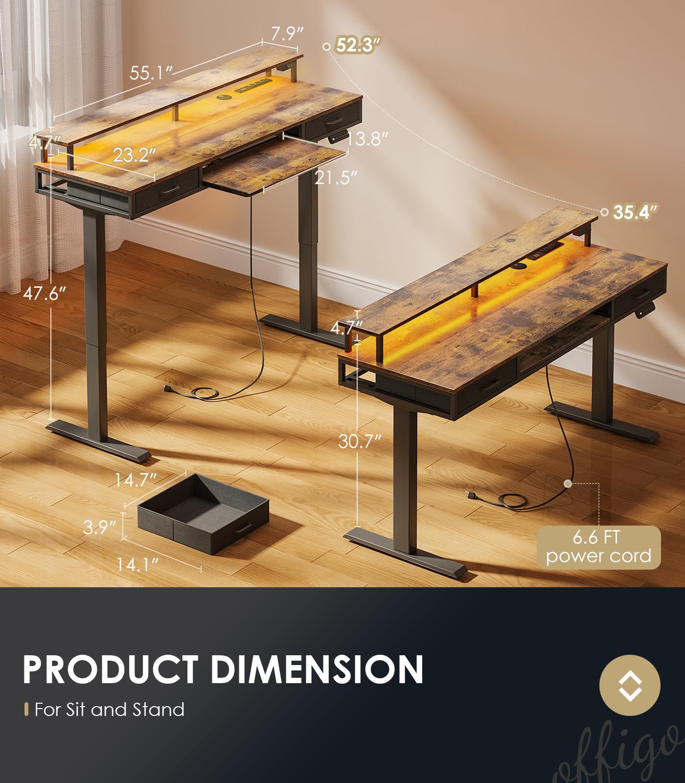 Height Adjustable Electric Standing Desk with Drawers & Keyboard Tray - 63