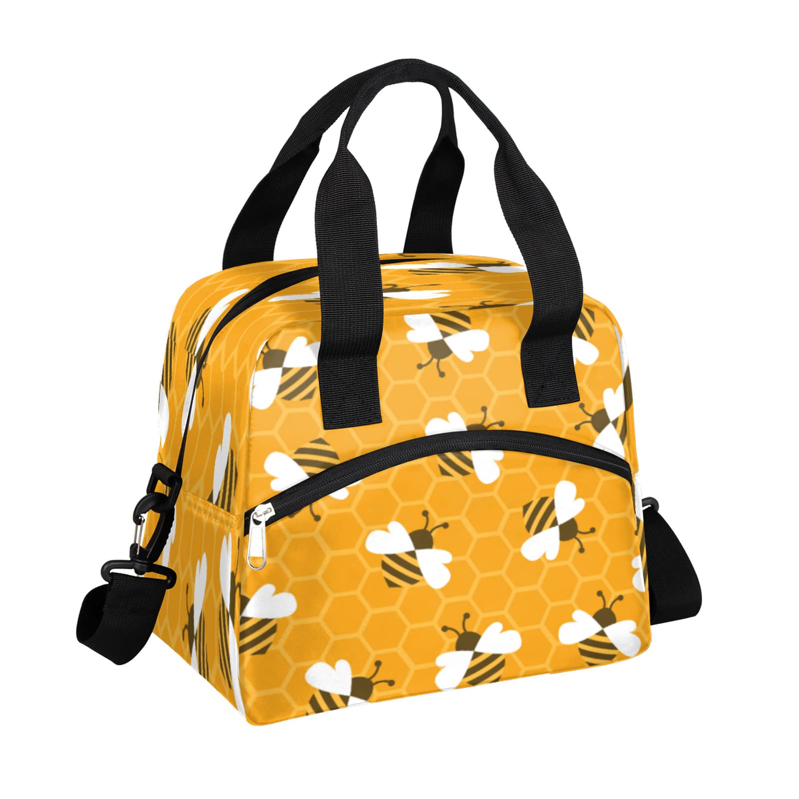 **Insulated Lunch Box for Kids & Teens - Bee Print Thermal Cooler Bag with Shoulder Strap for School, Picnic, Work & Outdoor Activities**