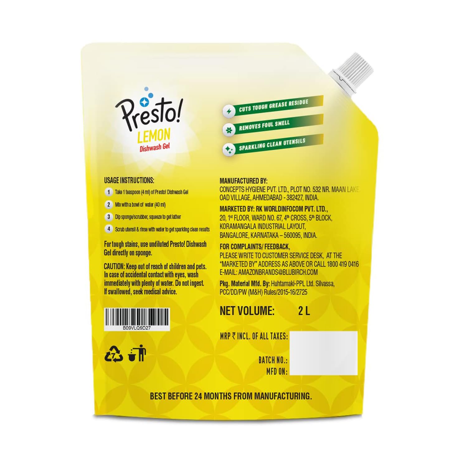 Presto! Lemon Dishwashing Gel Refill Pouch - 2L Grease-Fighting Formula | Residue-Free & Odor Eliminator | Works on Pots, Pans & Utensils | Ideal for Kitchen, Camping & RV Use