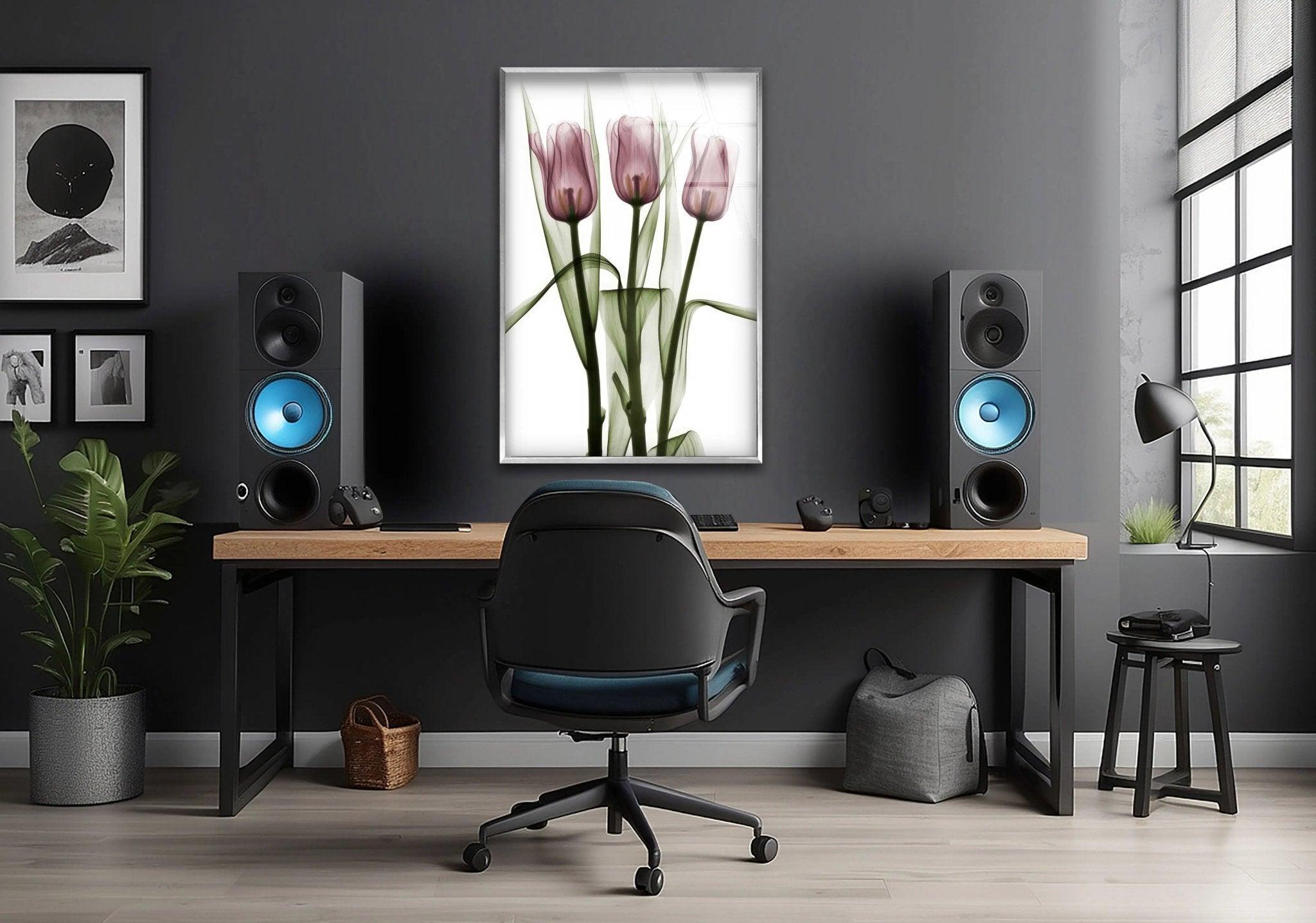 Albert Koetsier Triplet Tulips Stained Glass Wall Art - Handcrafted Floral Home Decor for Living Room, Bedroom & Office
