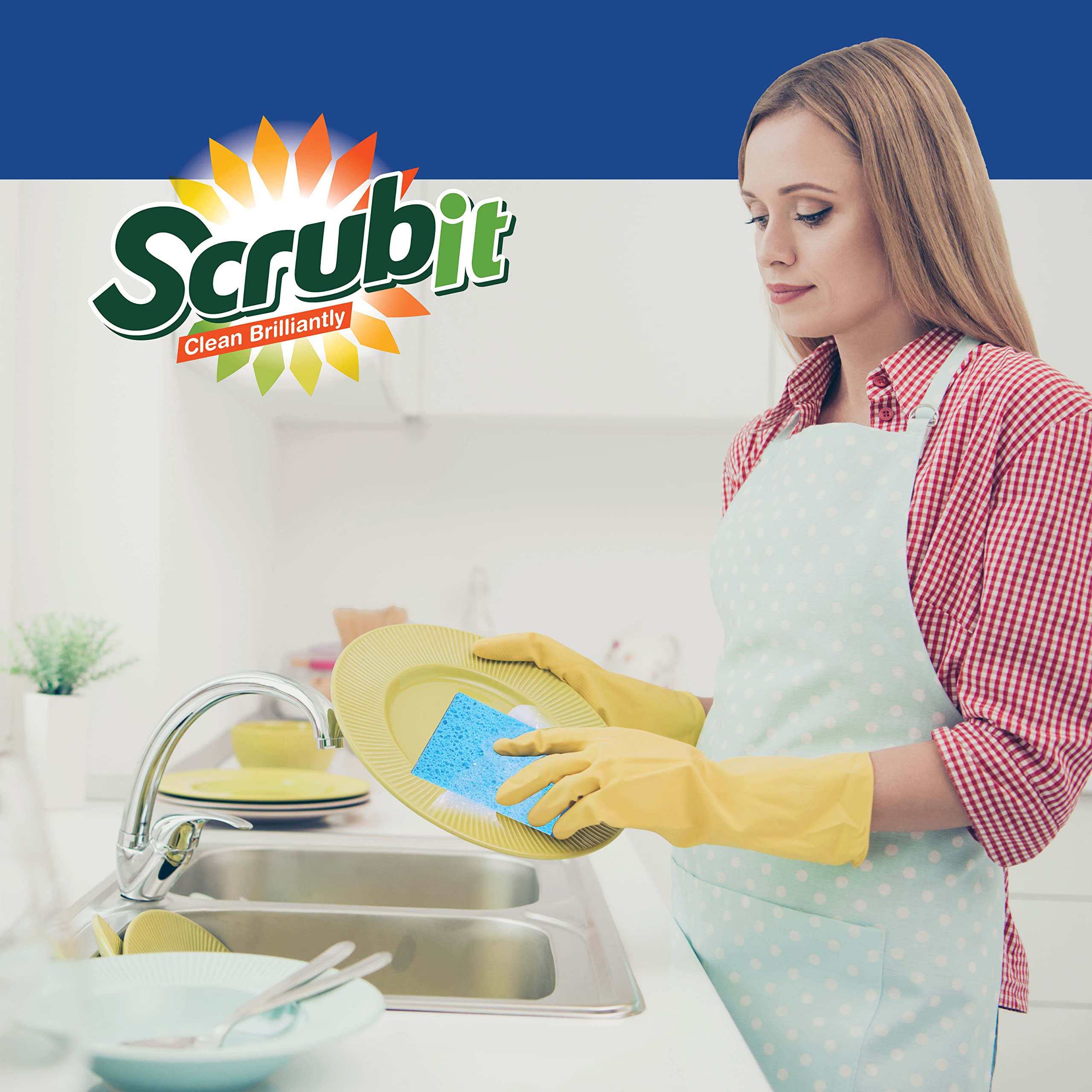 SCRUBIT 48 Pack Heavy-Duty Kitchen Sponges for Dishwashing, Cleaning Kitchen & Bathroom - Blue Non-Scratch Sponges with Scrubber - Bulk Cleaning Supplies for Home, Office, and Outdoor Use