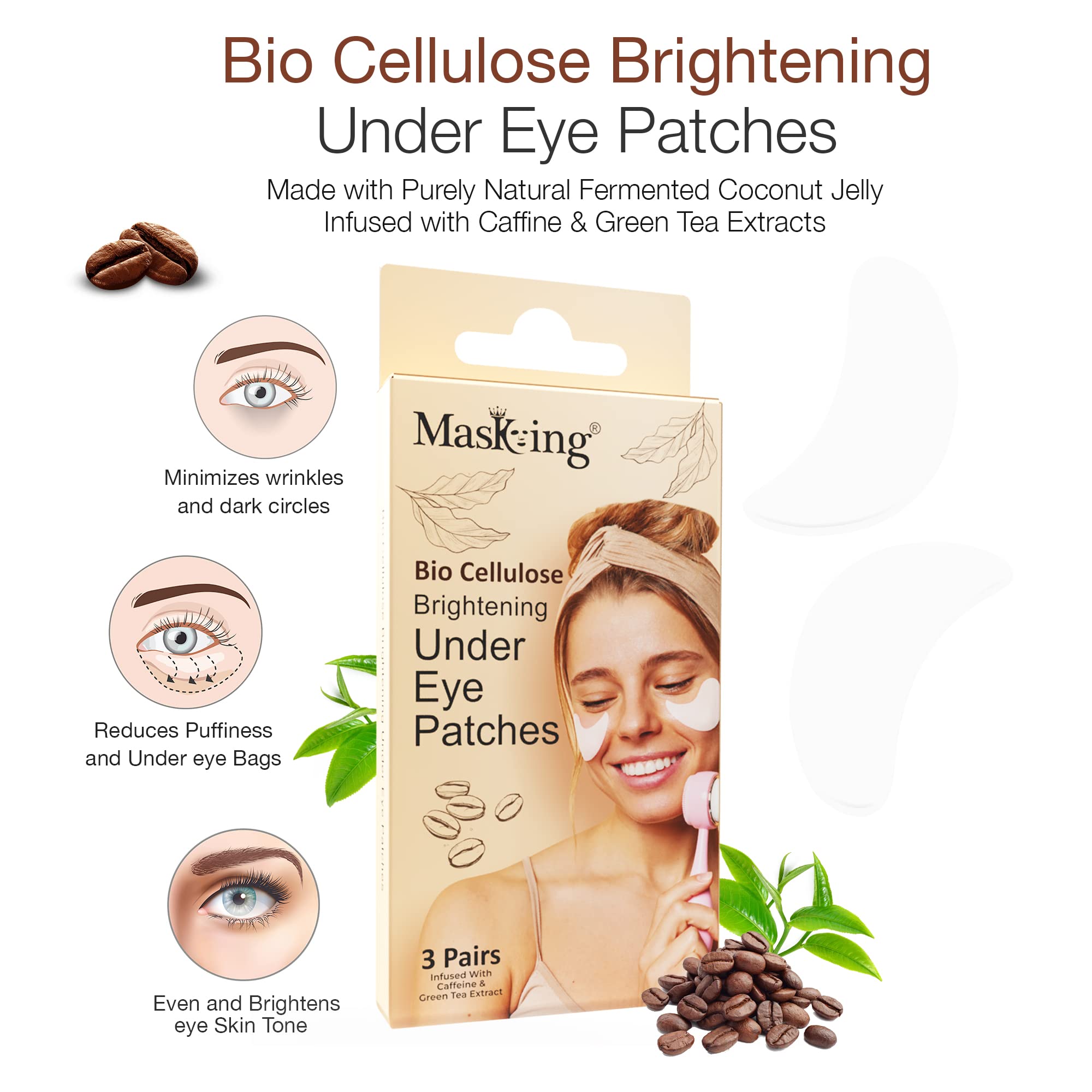 Bio Cellulose Under Eye Patches for Dark Circles - Cooling Eye Masks with Caffeine & Green Tea (6 Pairs, Pack of 2) | Reduce Puffiness & Brighten Eyes for Morning Routine & Travel Skincare