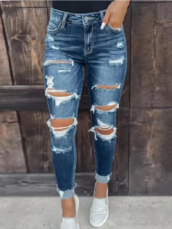 Women's Distressed Skinny Jeans with Fleece Lining - Comfortable Stretch Denim Pants for Winter, Casual Outfits & Everyday Wear