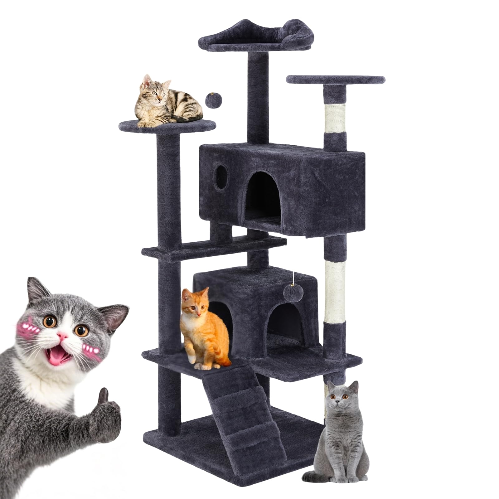 Premium 54-Inch FluffyDream Multi-Level Cat Tree Tower for Indoor Cats - Sisal Scratching Posts, Play House & Condo for Large Cats & Kittens (Gray) | Perfect for Small Apartments & Pet-Friendly Homes
