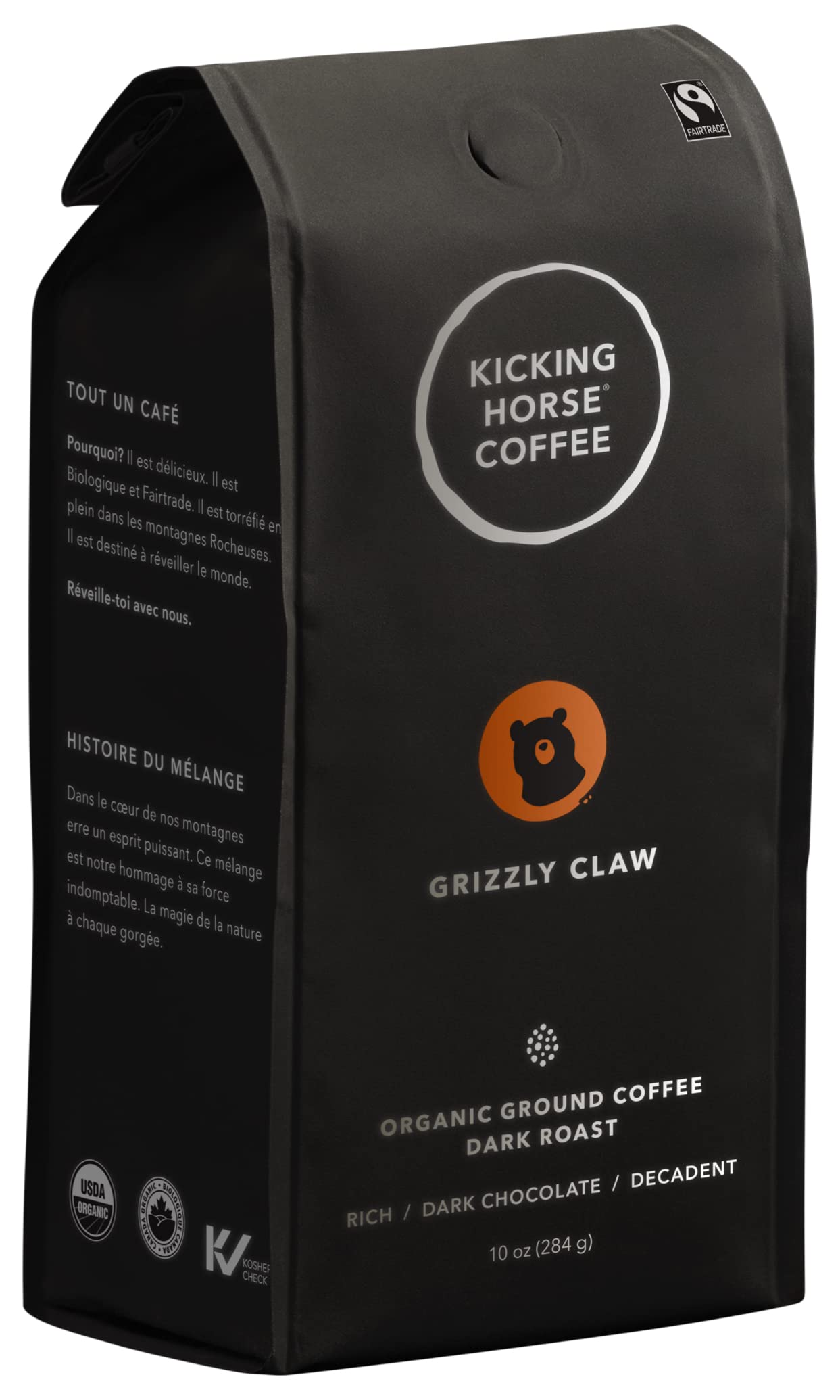 Kicking Horse Coffee Grizzly Claw Dark Roast Ground Coffee - 10 oz | Organic, Fair Trade, Kosher Certified | Perfect for Morning Brew & Camping Trips