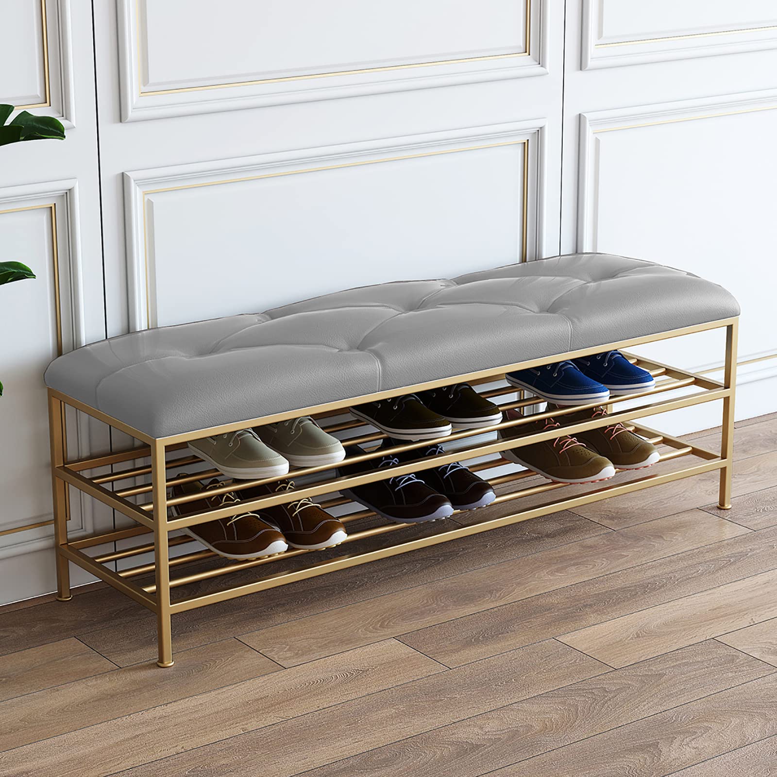 Modern Shoe Bench Organizer - Faux Leather Entryway Storage Bench with Golden Shoe Shelf, 80x35x45cm (31x14x18in) - Perfect for Small Spaces, Hallway Organization & Shoe Storage Solutions - Gray