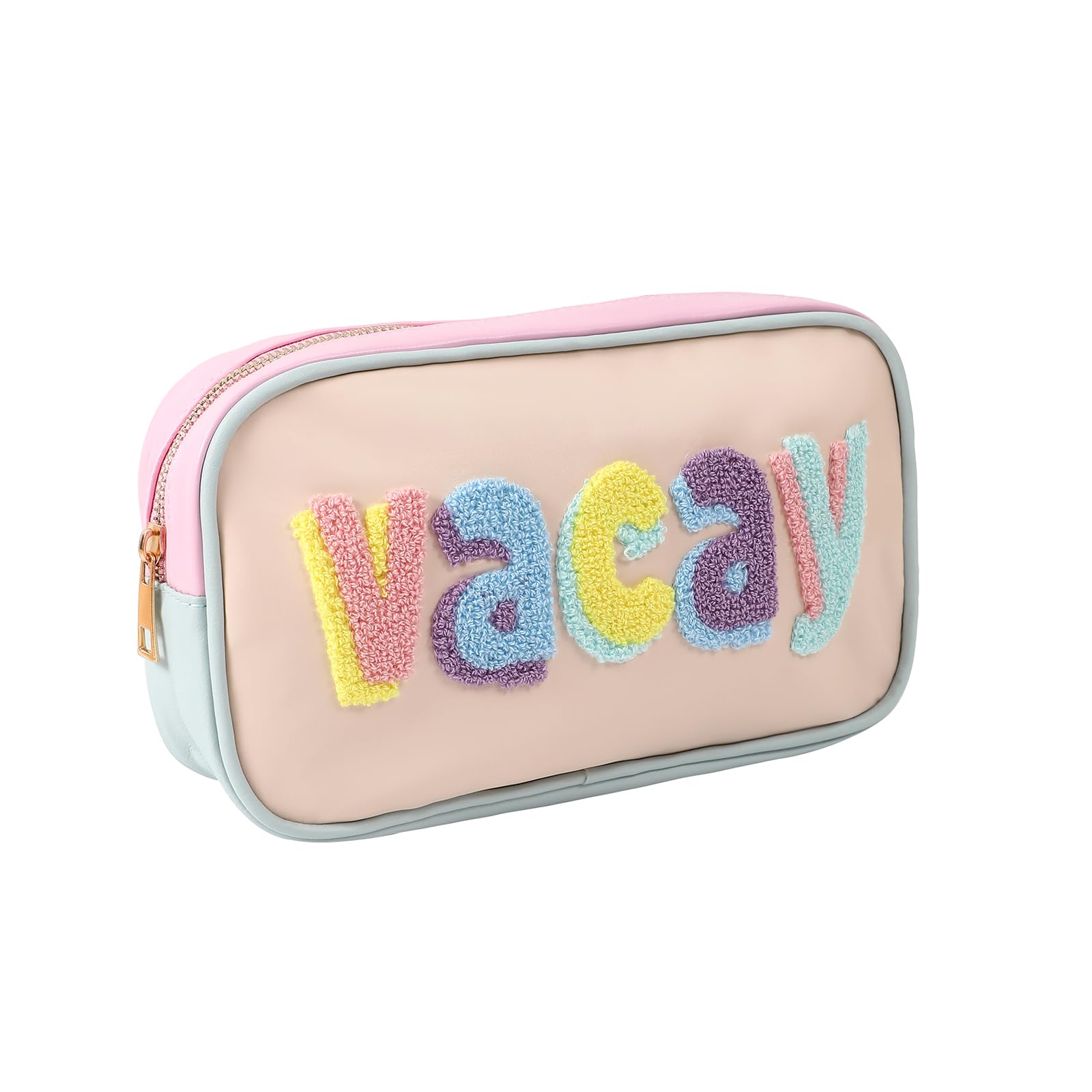 **Personalized PU Leather Chenille Letter Makeup Bag – Waterproof Cosmetic Bag with Zipper for Women & Girls | Preppy Travel Organizer & Toiletries Pouch (03 VACAY) – Perfect for Vacations, Gym, and Daily Essentials Storage**