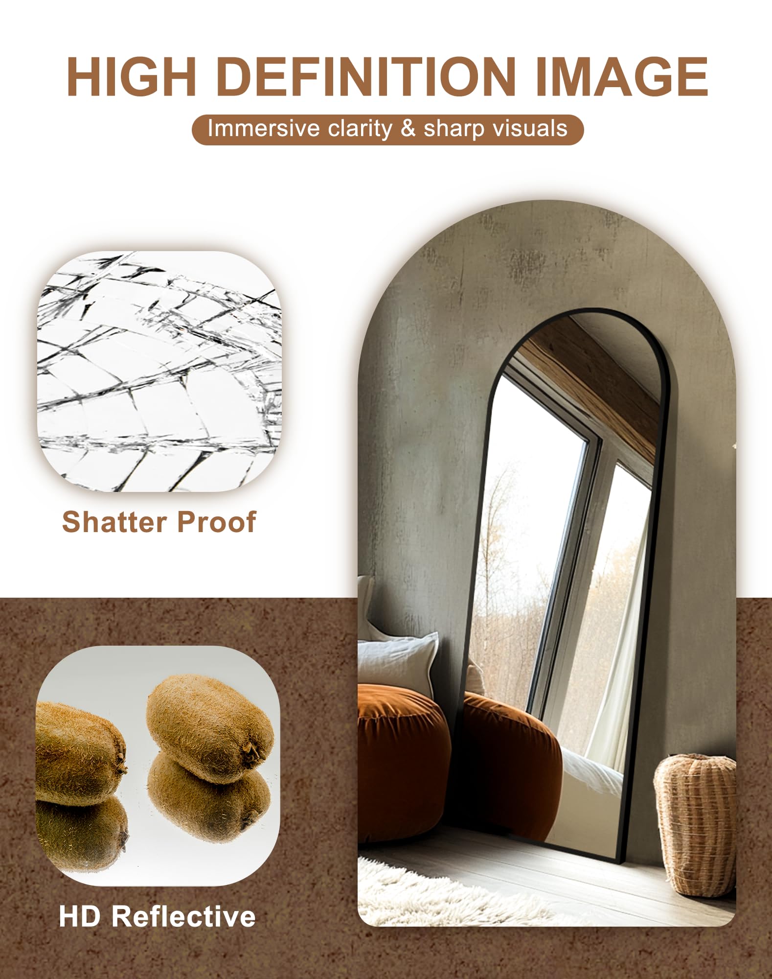 Delma Arched Full Length Mirror - Large Standing Floor Mirror with Sturdy Stand for Wall, Entryway, Bedroom, Bathroom & Living Room | Perfect for Home Decor, Dressing Area & Selfie Background