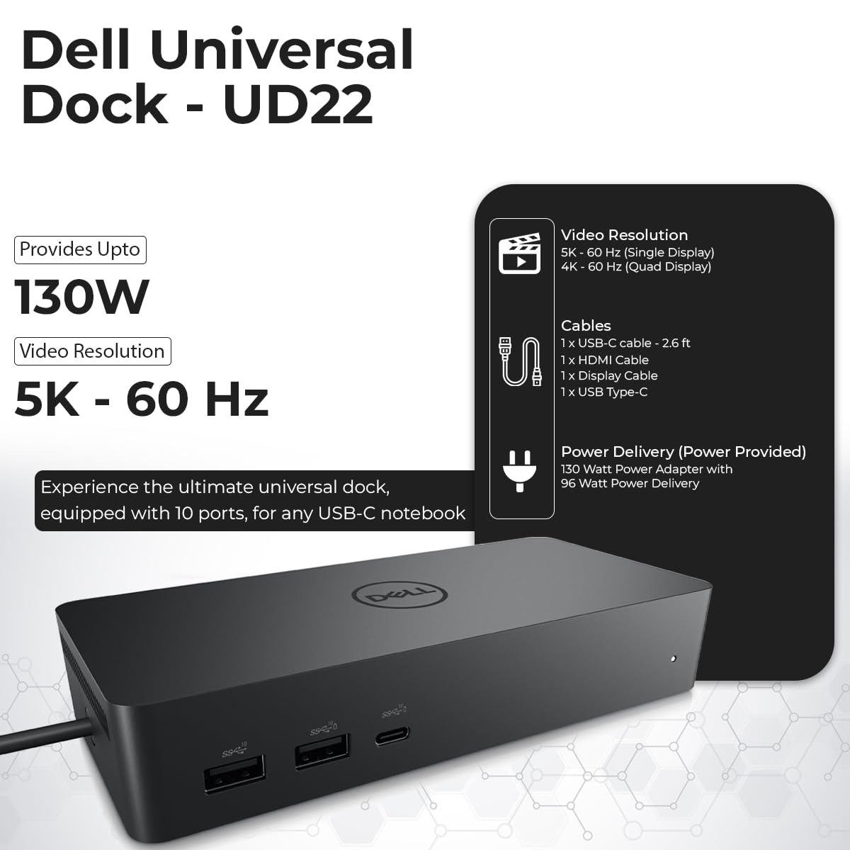 UD22 Dell Docking Station Dual Monitor Bundle - Universal Laptop Dock for Dell with 130W AC Adapter, HDMI/DisplayPort/USB-C Cables & Microfiber Cloth - Ideal for Home Office, Remote Work, Business Travel & Multi-Screen Productivity Setup