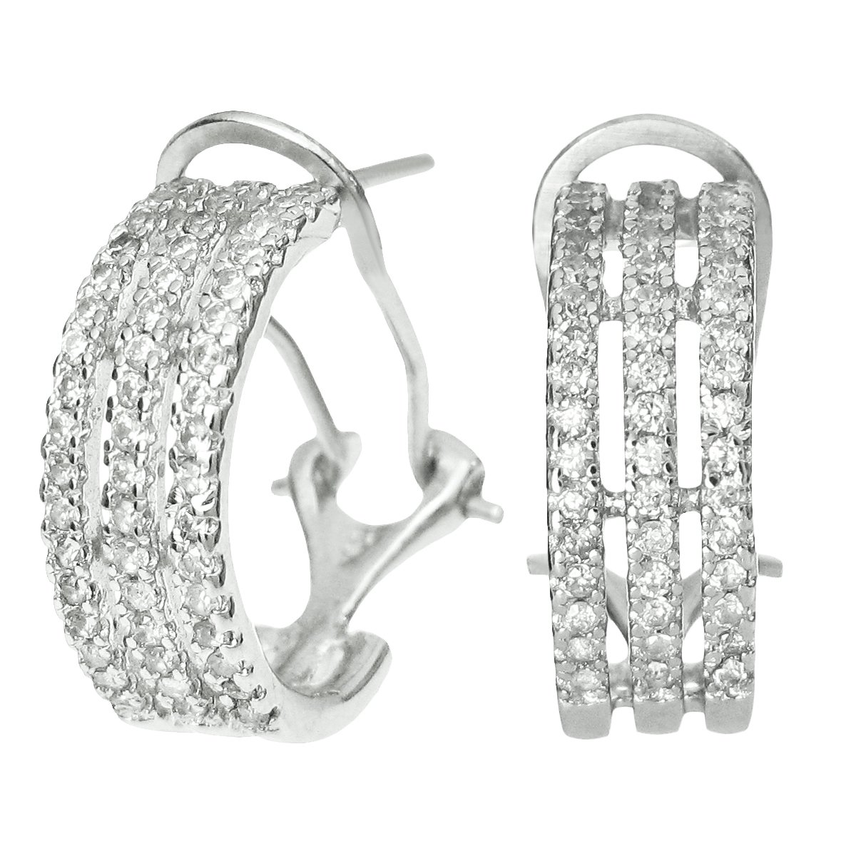 Rhodium-Plated Sterling Silver Half Hoop Earrings with Clear Cubic Zirconia - French Clip Back for Secure Fit | Elegant Jewelry for Parties, Weddings & Everyday Wear