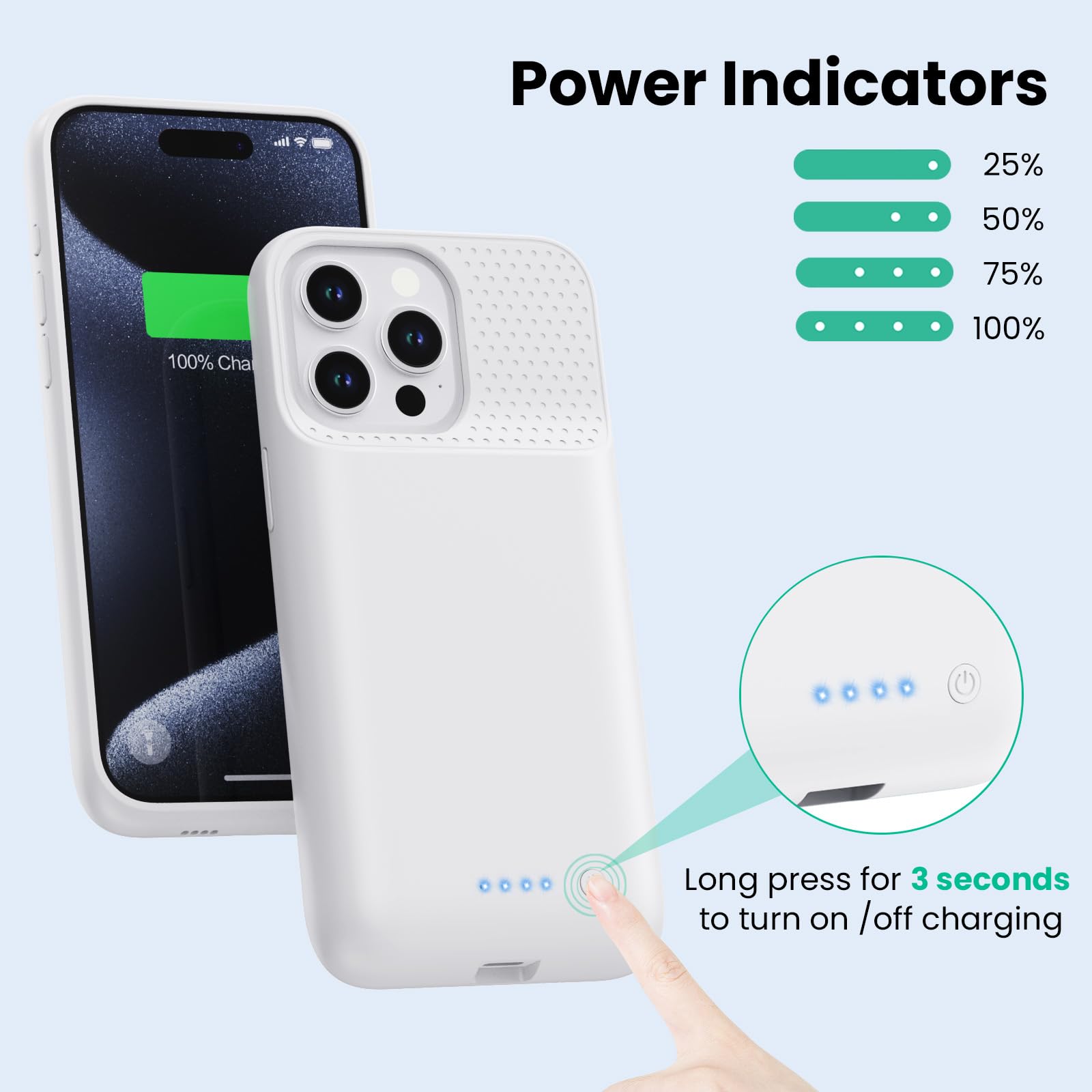Upgraded 8600mAh Slim Battery Case for iPhone 15 Pro Max - 15W Fast Charging Portable Charger Cover | Protective Extended Power Bank for iPhone 15 Pro Max (6.7 Inch) - White | Perfect for Travel, Outdoor Activities & Daily Power Backup