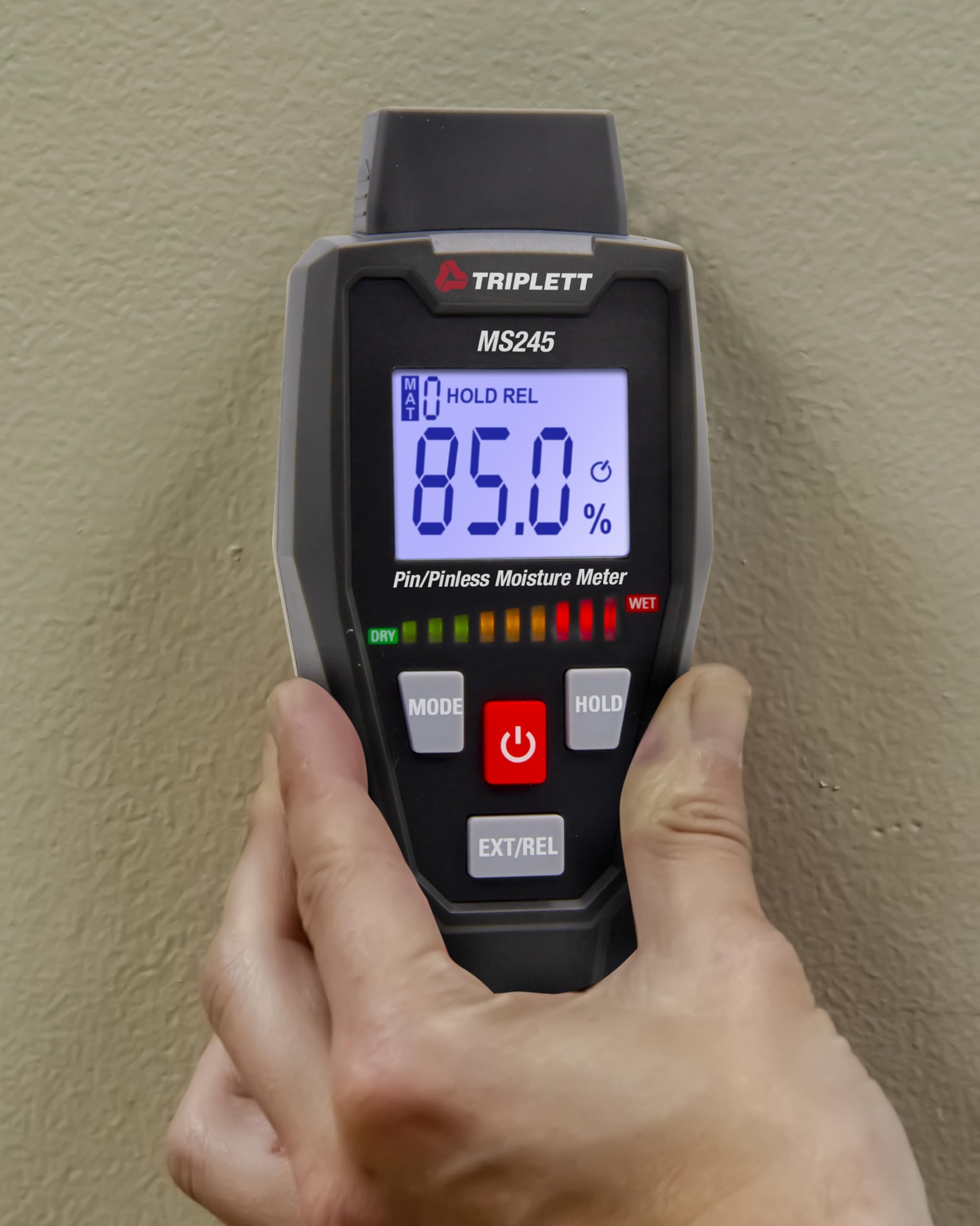 Triplett MS245 Digital Pin/Pinless Moisture Meter for Wood, Drywall, Concrete - Professional Building Material Tester with Audible Alarm & LCD Display - Perfect for Flooring, Lumber, Construction Inspection