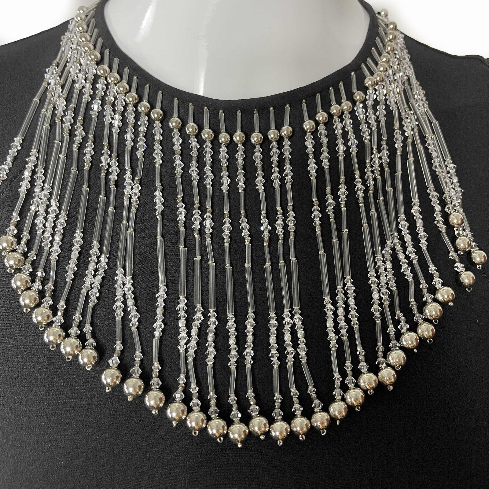 Prada Beaded Fringe Sheath Midi Dress - Black with Clear & Silver Beads | Elegant Evening Party & Special Occasion Wear
