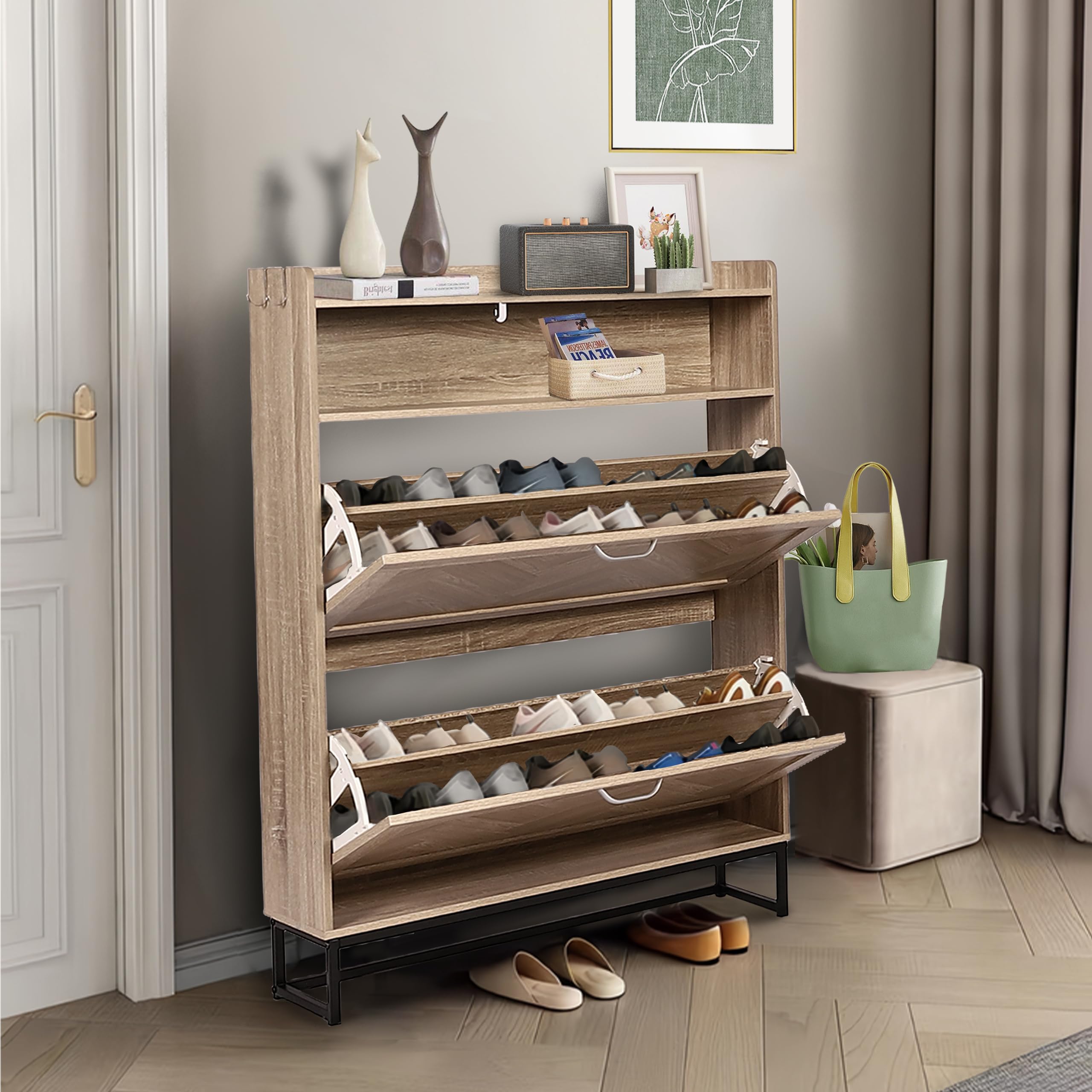 4-Tier Flip-Drawer Shoe Storage Cabinet - Space-Saving Entryway Shoe Organizer with Metal Legs & Open Storage - Freestanding Narrow Shoe Rack for Foyer, Hallway - Perfect for Small Spaces & Apartment Living