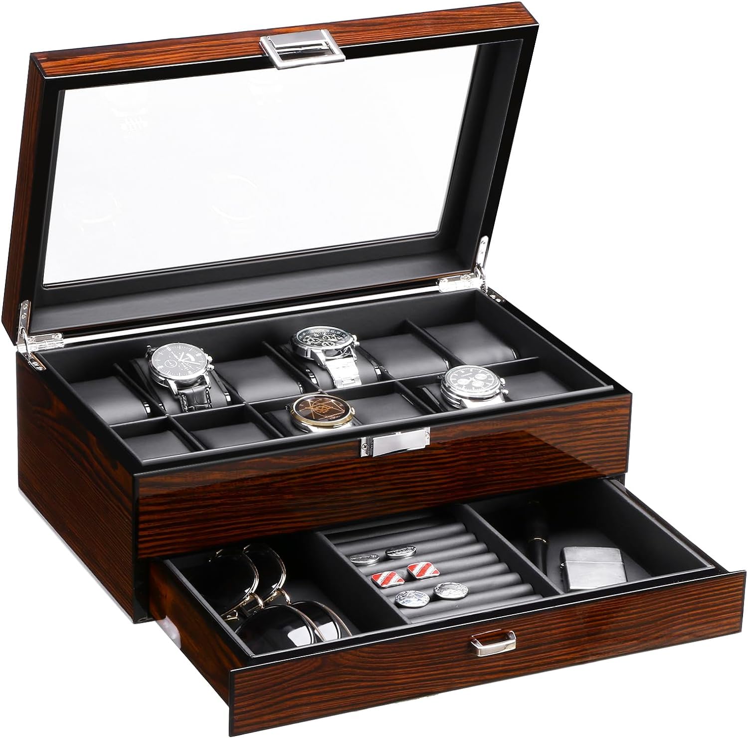 Luxury 12 Watch Box with Valet Drawer - Brown Organizer for Men's Accessories | Perfect for Travel & Display