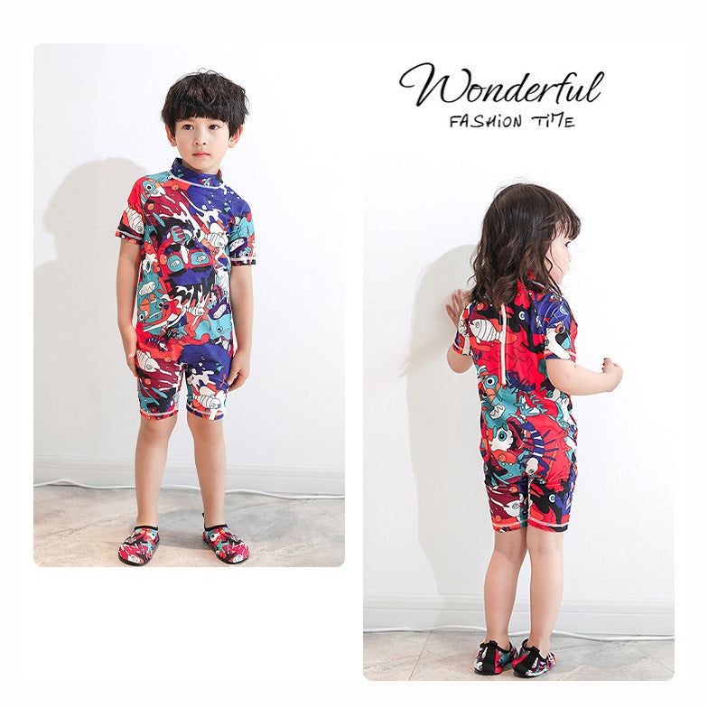 Kids' Floral Print One-Piece Swimsuits for Boys & Girls with Free Swim Cap | Sun Protection & Pool Play