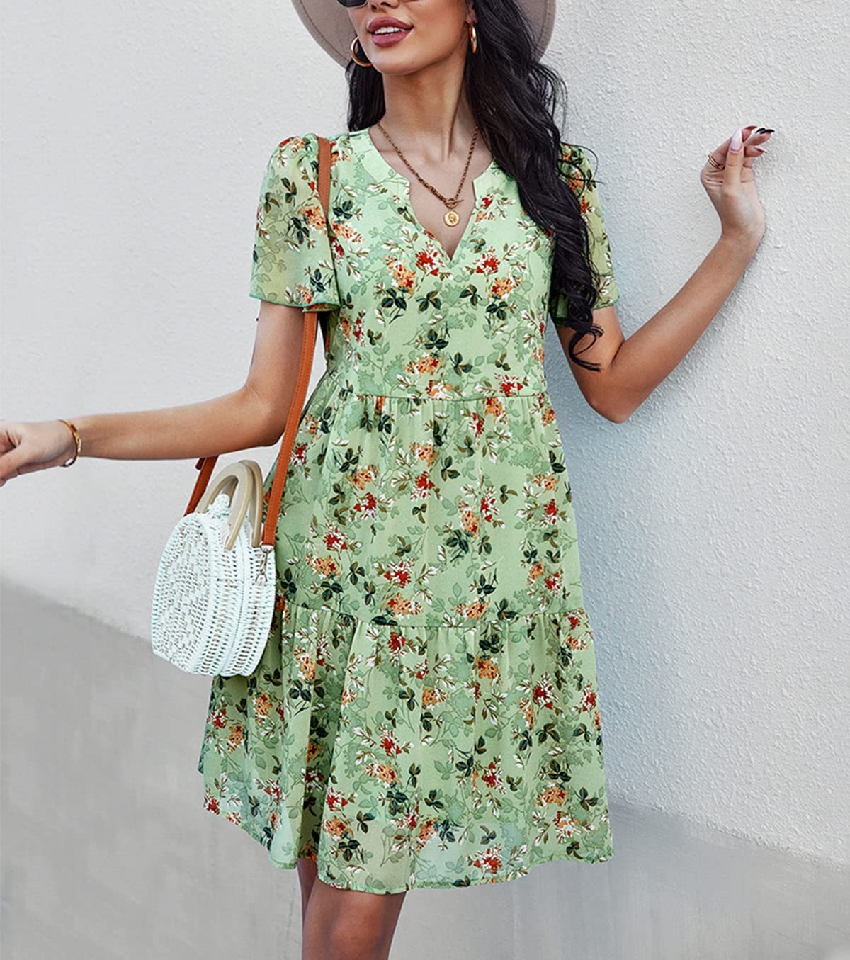 Boho Floral Print Short Sleeve V-Neck Swing Dress for Women - Knee Length Loose Fit Beach Party Dress (Green, Medium) - Perfect for Summer Vacations, Beach Getaways & Casual Outings