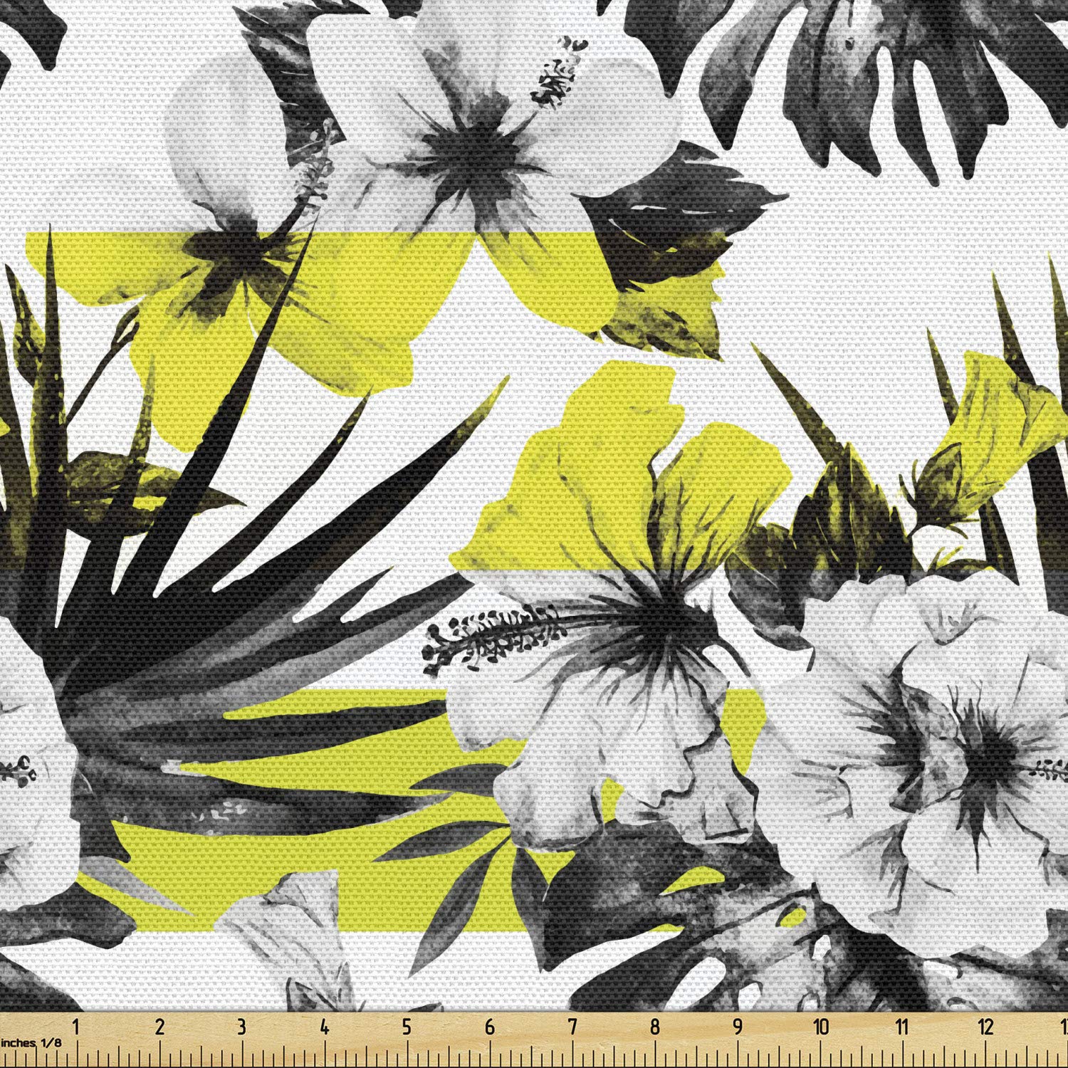 Ambesonne Floral Fabric by The Yard - Modern Hibiscus Buds & Blossoms Design - 10 Yards Charcoal Grey Yellow - Upholstery & Home Decor Fabric for Sofa, Curtains, Pillows, Table Runners & DIY Craft Projects