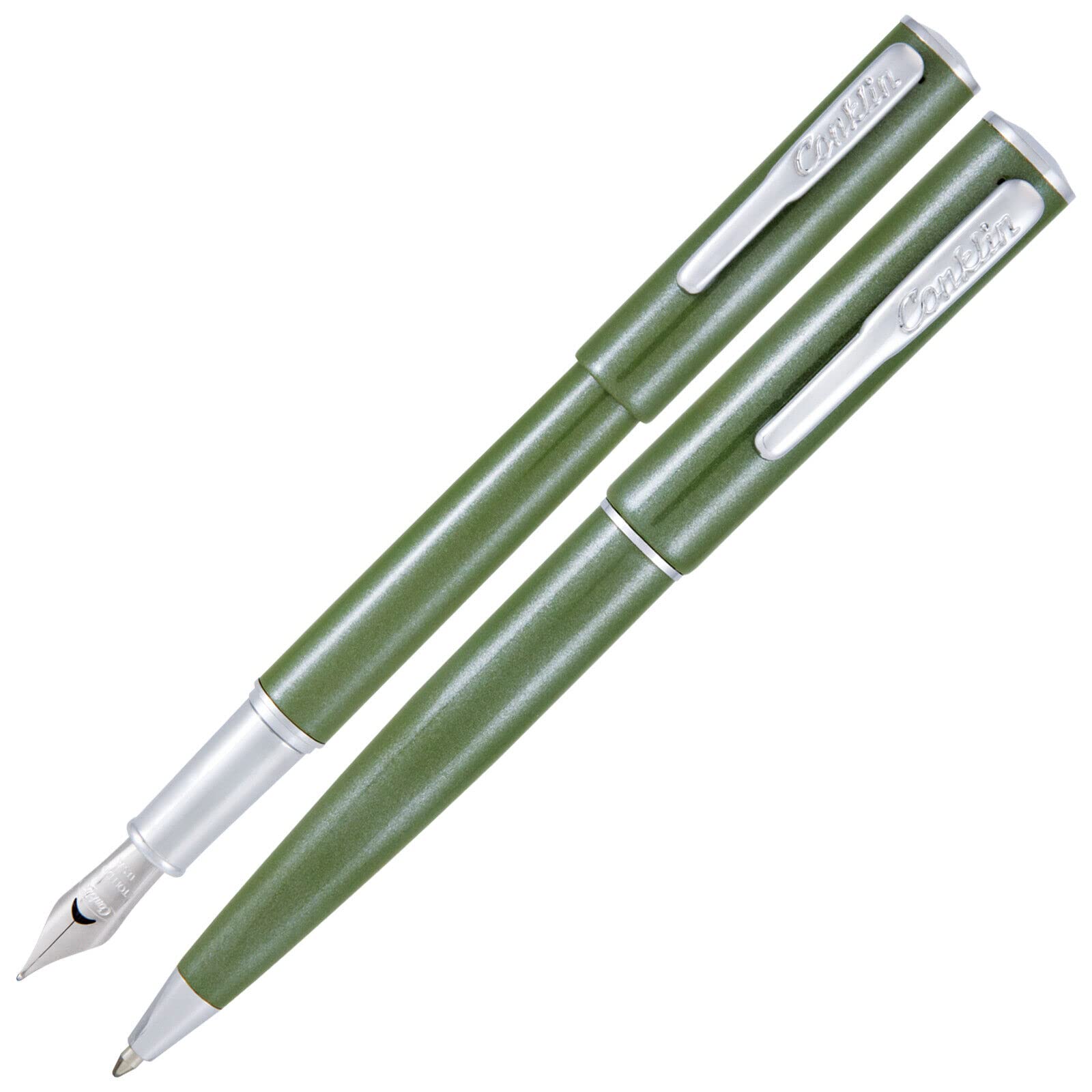 Conklin Coronet Ballpoint & Fountain Pen Set - Olive Green Medium Tip for Professional Writing, Office Use & Gift Giving