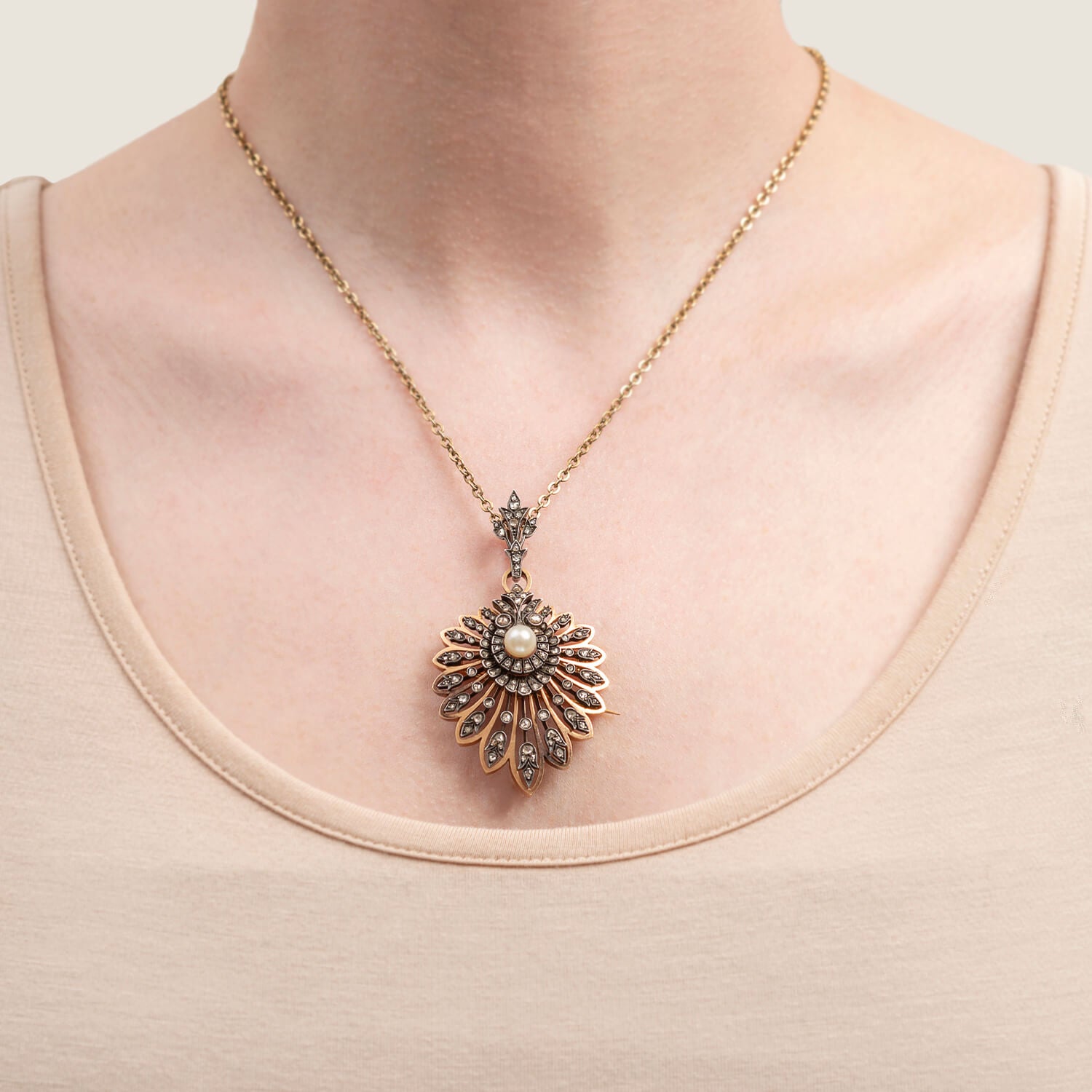 Victorian Style 18K Rose Gold & Sterling Silver Rose Cut Diamond and Pearl Brooch Pin & Pendant Necklace - Elegant Vintage Jewelry for Weddings, Parties & Special Occasions