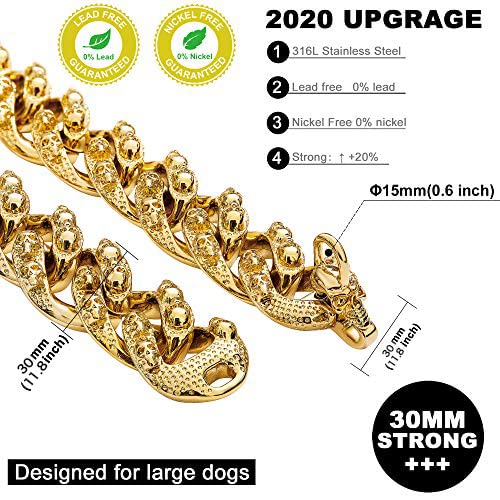 30MM Gold Stainless Steel Cuban Link Dog Collar with Skulls Pattern & Quick Release Buckle - Heavy Duty Chain Collar for Medium & Large Dogs - Perfect for Pitbulls, German Shepherds & Rottweilers - Great for Training, Walking & Outdoor Adventures