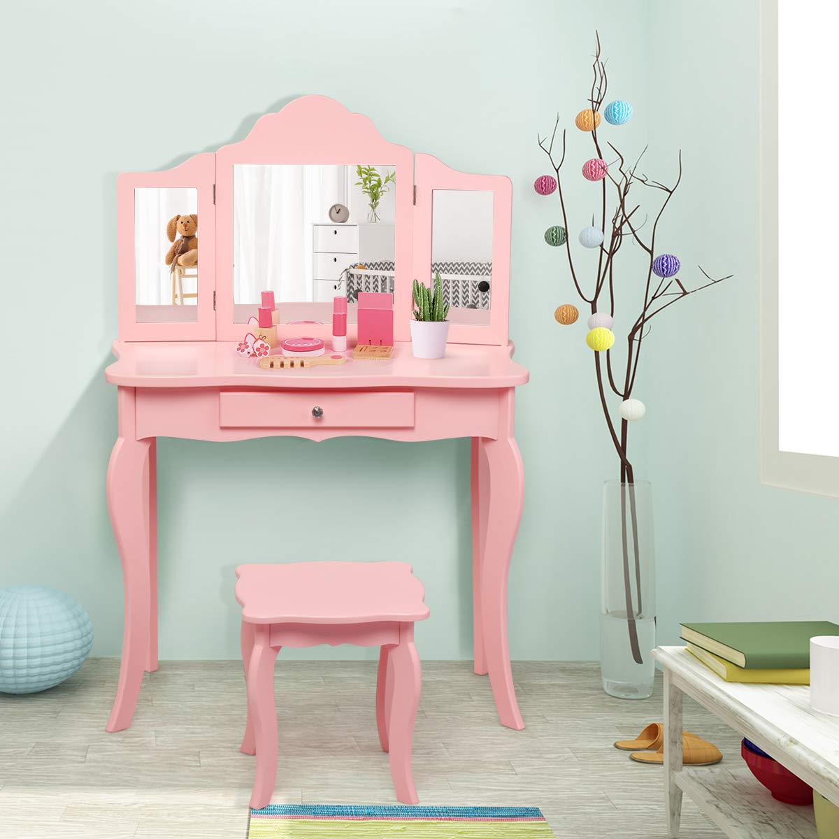Costzon Kids Wooden Vanity Table & Stool Set - 2 in 1 Detachable Design with Dressing Table & Writing Desk, Princess Makeup Vanity with 180° Folding Mirrors for Girls (Pink) - Perfect for Bedroom Decor, Pretend Play & Gift for Toddlers