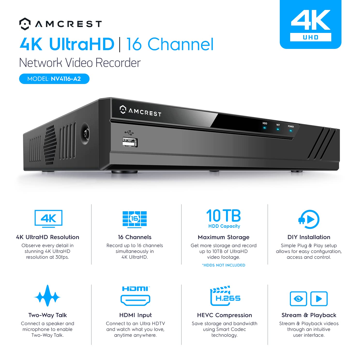 Amcrest 4K 16CH NVR NV4116-3TB Security System - 16 Channel Network Video Recorder with Pre-Installed 3TB HDD, Supports 16x 8MP/4K IP Cameras (1080p/3MP/4MP/5MP/8MP) - Ideal for Home & Business Surveillance