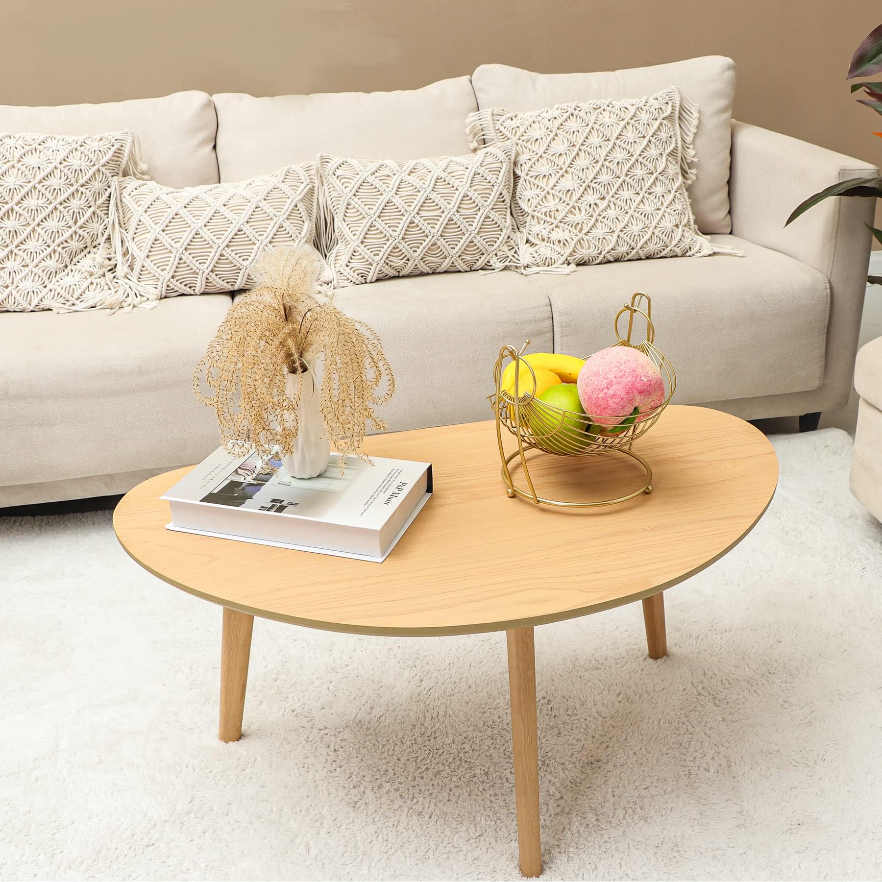 Mid Century Modern Oval Coffee Table - Minimalist Nature Wood for Living Room - 18.9