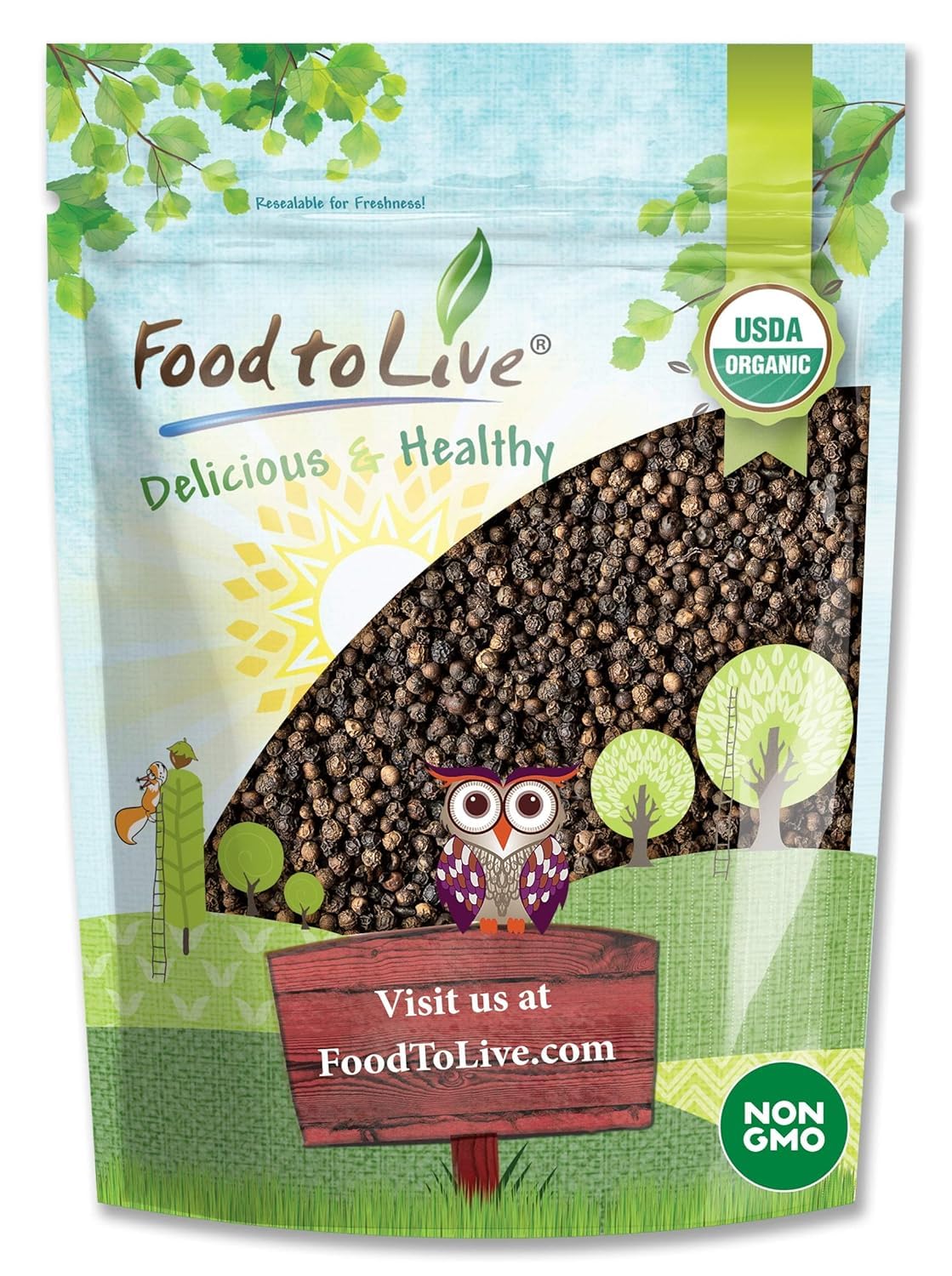 Organic Black Pepper Whole Peppercorns 8oz - Non-GMO, Kosher, Vegan, Bulk - Premium Spice for Cooking, Seasoning & Grinder Refill - Perfect for Steak, Soup, Pasta & Salad Recipes