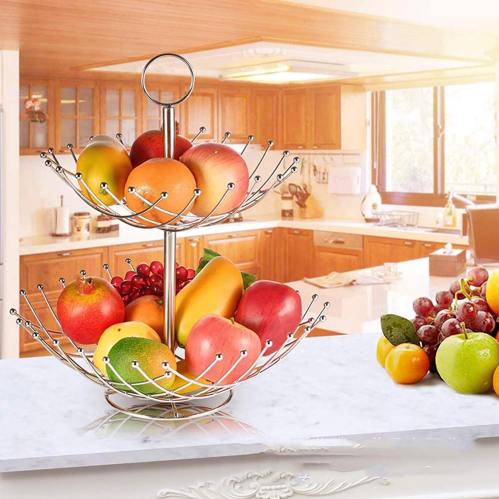 2-Tier Metal Fruit and Vegetable Basket - Kitchen Countertop Display Organizer for Fruits, Bread, Produce - Portable Double-Layer Storage Rack for Home, Restaurant, or Farmers Market Use