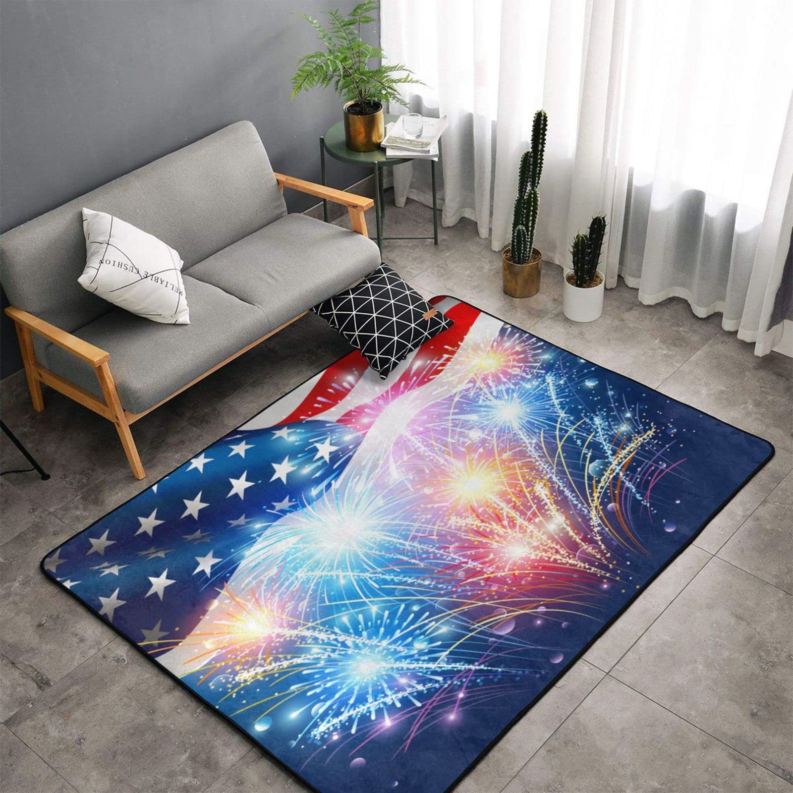USA Flag Washable Area Rug - American Flag with Fireworks Design, Soft Non-Skid Large Floor Carpet (6.6x4 Ft) for Kids Room, Living Room, Bedroom Decor | Perfect for 4th of July, Memorial Day & Patriotic Home Decor
