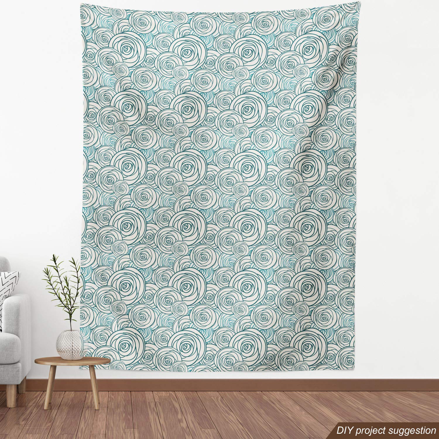 Ambesonne Rose Fabric by The Yard - Doodle Style Rose Blossoms Spring Nature Inspired Decorative Fabric for Upholstery, Curtains & DIY Home Decor | Dark Teal & Cream | Perfect for Bedding, Pillows & Table Runners