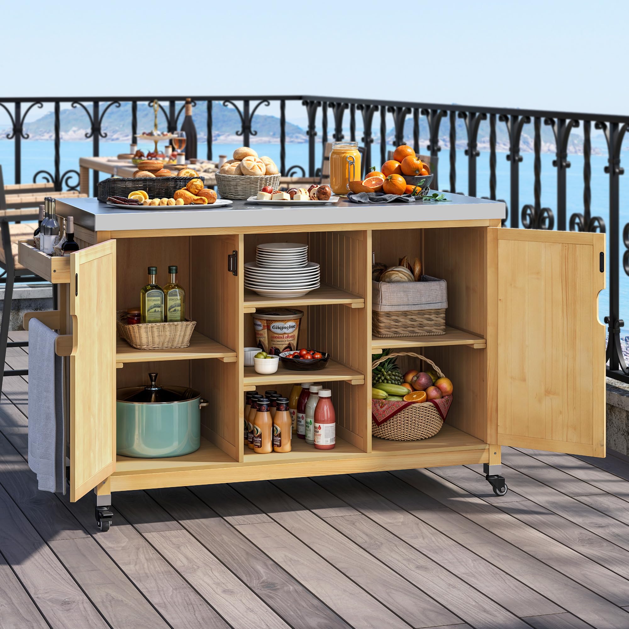 YITAHOME Solid Wood Patio Bar Table - XL Outdoor Storage Cabinet with Spice Rack & Side Handle - Large Space Portable Kitchen Island for Patio, Garden, Porch, Balcony - Perfect for Outdoor Entertaining & Small Space Storage