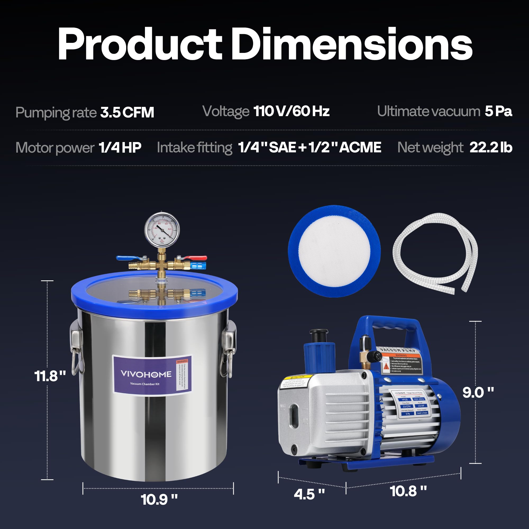 VIVOHOME 5 Gallon Vacuum Chamber Kit with 3.5 CFM 1/4 HP Vacuum Pump - 304 Stainless Steel Degassing Chamber for Resin, Epoxy, Silicone & Food Preservation - Perfect for DIY Crafts, Jewelry Making & Kitchen Use