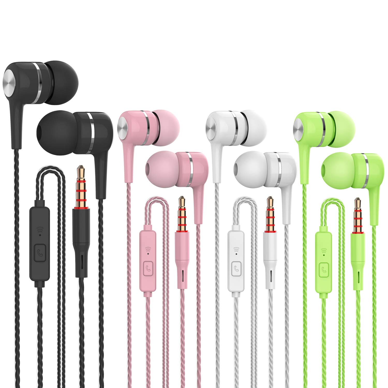 Premium Bass Earphones with Mic - Stereo Earbuds in 4 Colors (Black/White/Pink/Green) - Perfect for Gym, Running & Commuting