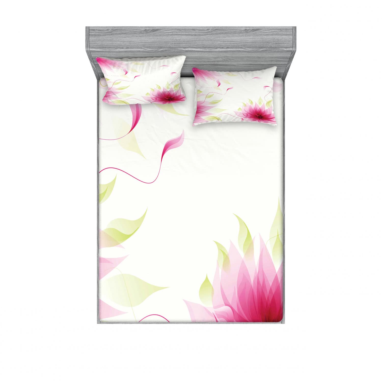 Ambesonne 2-Pack Queen Size Fitted Sheets & Pillow Sham Set - Abstract Lotus Floral Design in Pink & White (4-Piece Bedding Set) for Master Bedroom, Guest Room or Dorm Decor