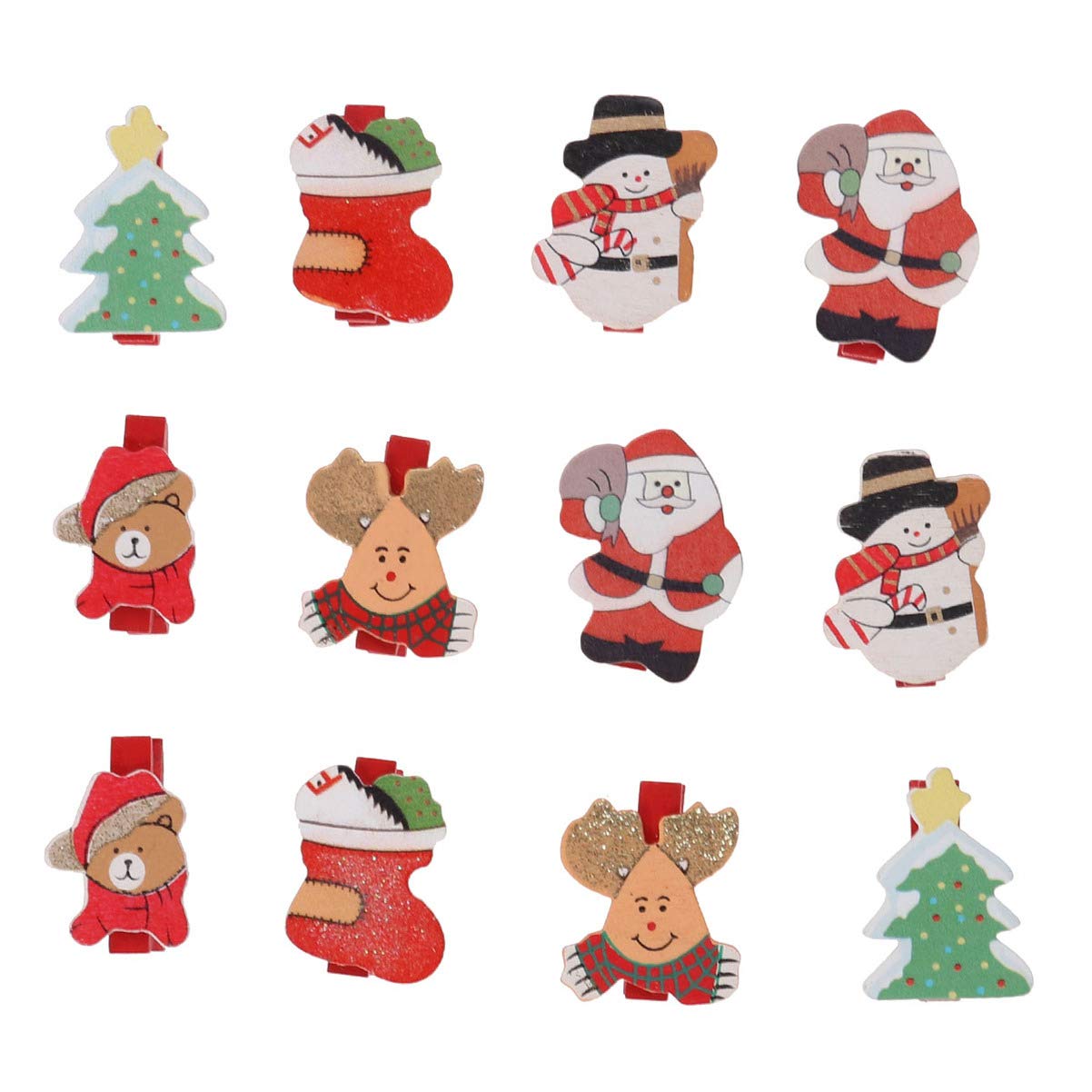 Amosfun 12pcs Christmas Mini Wooden Clothespins - Santa Reindeer Snowman Photo Clips for Holiday Decor, DIY Crafts, Gift Wrapping & Memory Boards