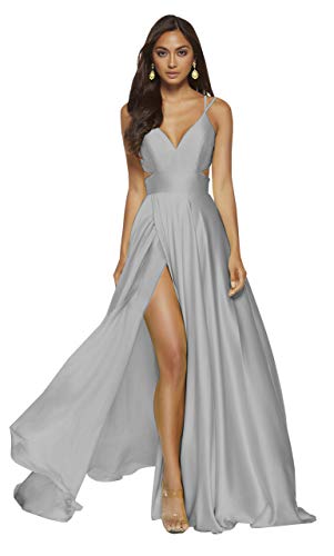 POMUYOO Spaghetti Strap Satin Prom Dress for Teens - Elegant Long Slit Formal Evening Gown with Pockets | Homecoming, Wedding Guest, Cocktail Party Dress