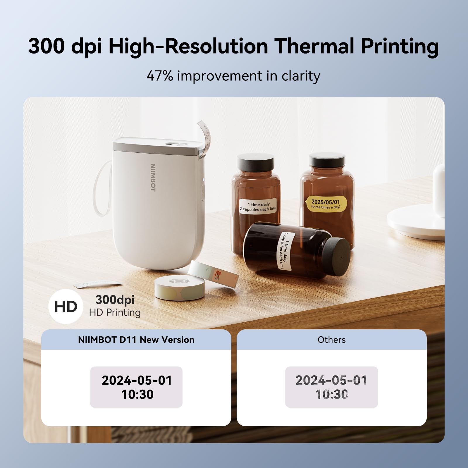 NIIMBOT D11 Bluetooth Label Maker Machine - 300DPI Thermal Printer with Tape, Portable Sticker Printer for Home, Office & School Organization (White) - Perfect for Labeling Files, Storage Boxes & DIY Projects