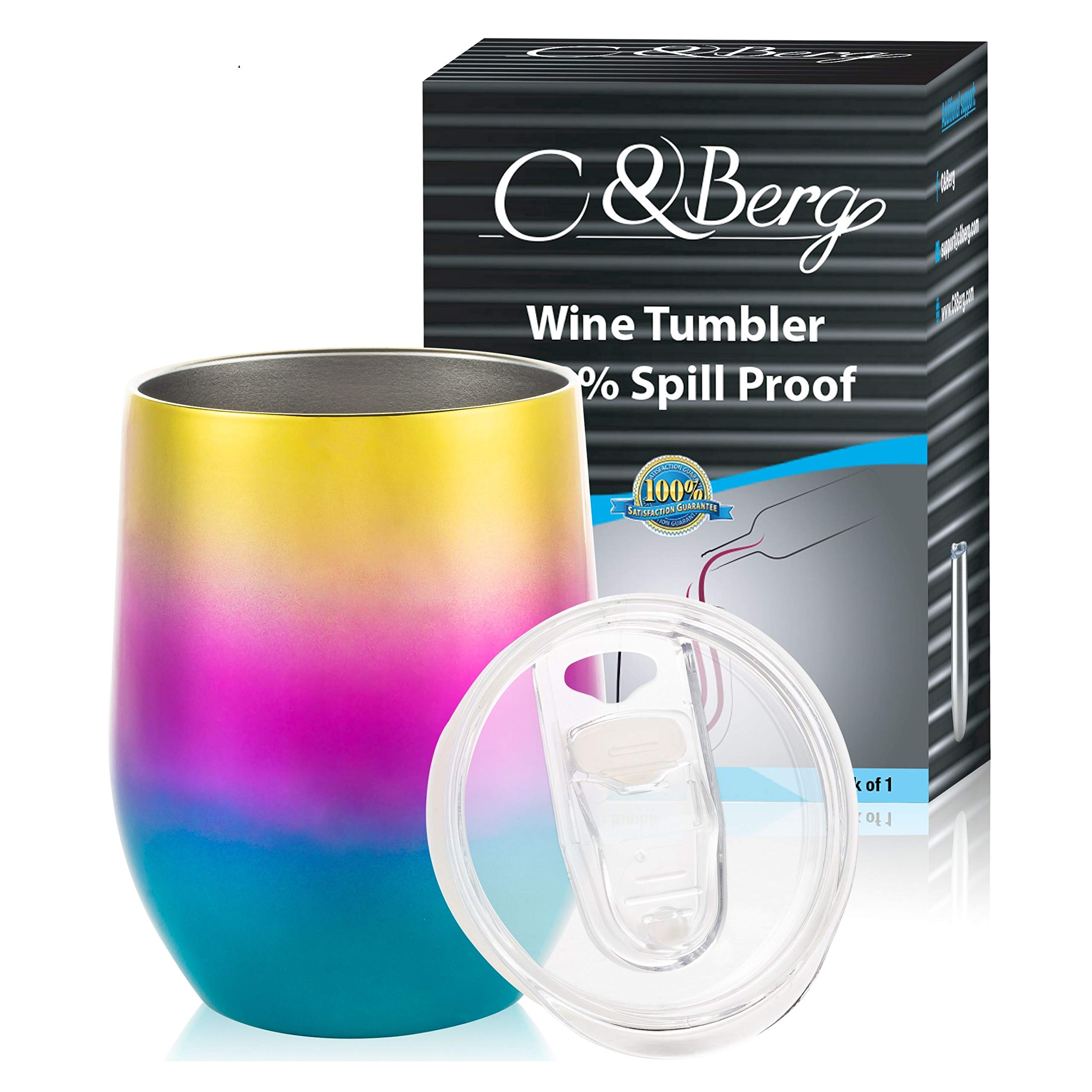 12 oz Rainbow Stainless Steel Wine Tumbler - Double Wall Vacuum Insulated Unbreakable Thermos with Spill-Proof Lid - Keeps Drinks Hot/Cold for Hours - Perfect for Wine, Beer, Coffee & Cocktails - Ideal for Travel, Camping, Office & Outdoor Activities
