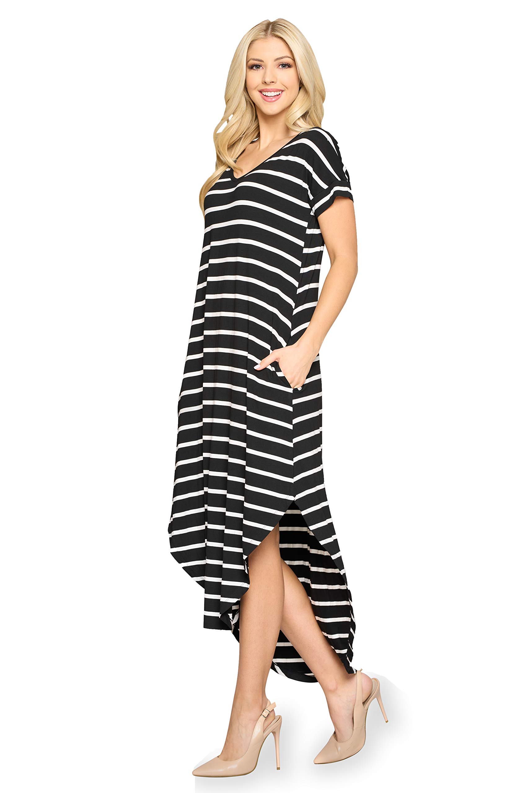 YELETE Women's Striped Flowy Midi Dress with Pockets - Casual Summer Dress for Beach, Vacation & Everyday Wear