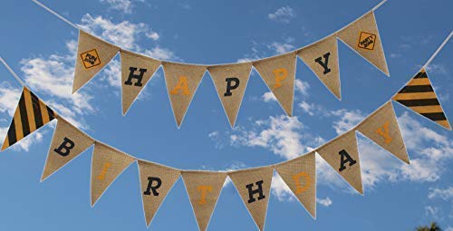 Happy Birthday Burlap Banner Pennants - Pre-Assembled Construction Zone Party Decor for Boys, Girls & Adults | Perfect for Construction Themed Birthday Parties, Baby Showers & Work Celebrations