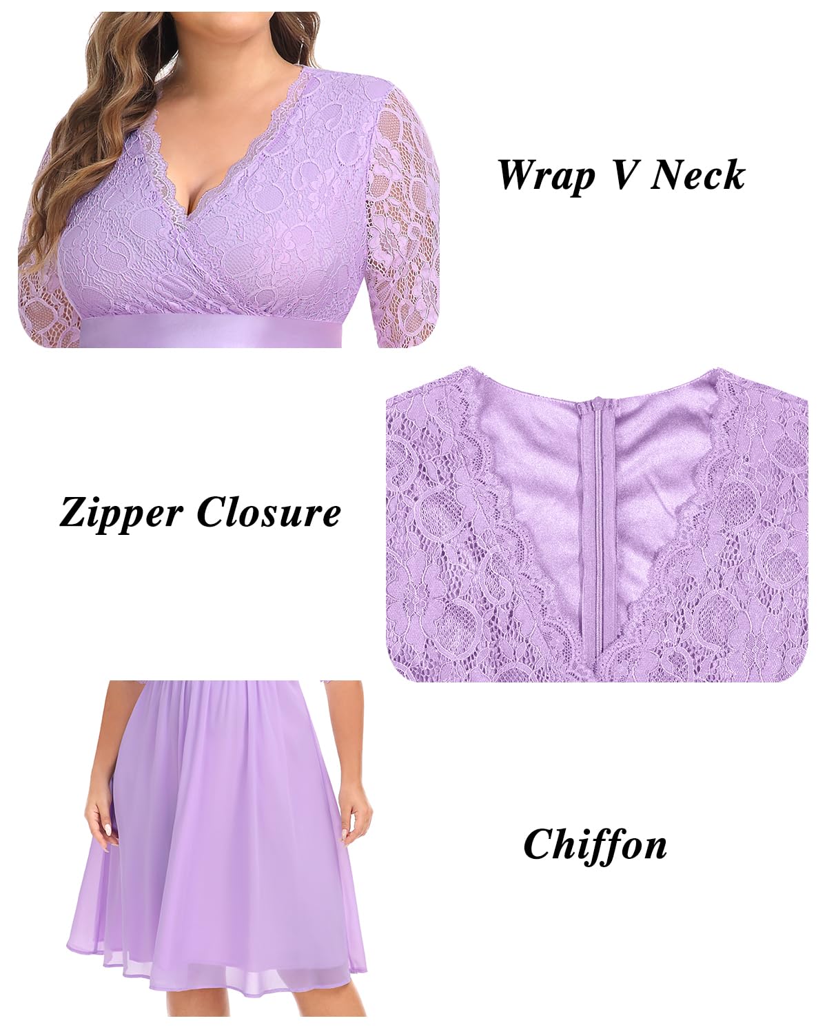 Plus Size Lace Chiffon Wrap V-Neck Cocktail Dress for Women | Elegant Wedding Guest & Party Midi Dress | Perfect for Special Occasions, Date Nights & Formal Events