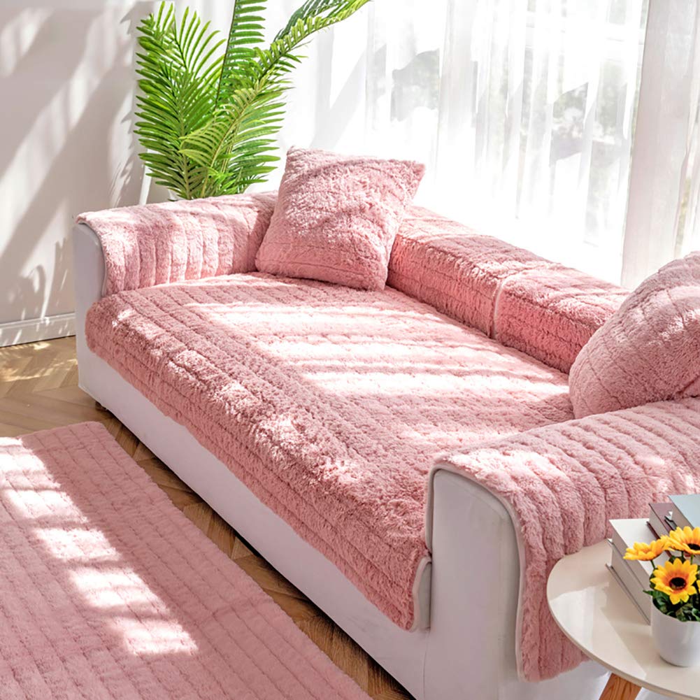 Velvet L-Shaped Sectional Sofa Cover - Winter Warm Recliner Slipcover Protector for Pets, 110x240cm (43x94inch), Pink - Perfect for Living Room, Family Room & Pet-Friendly Homes