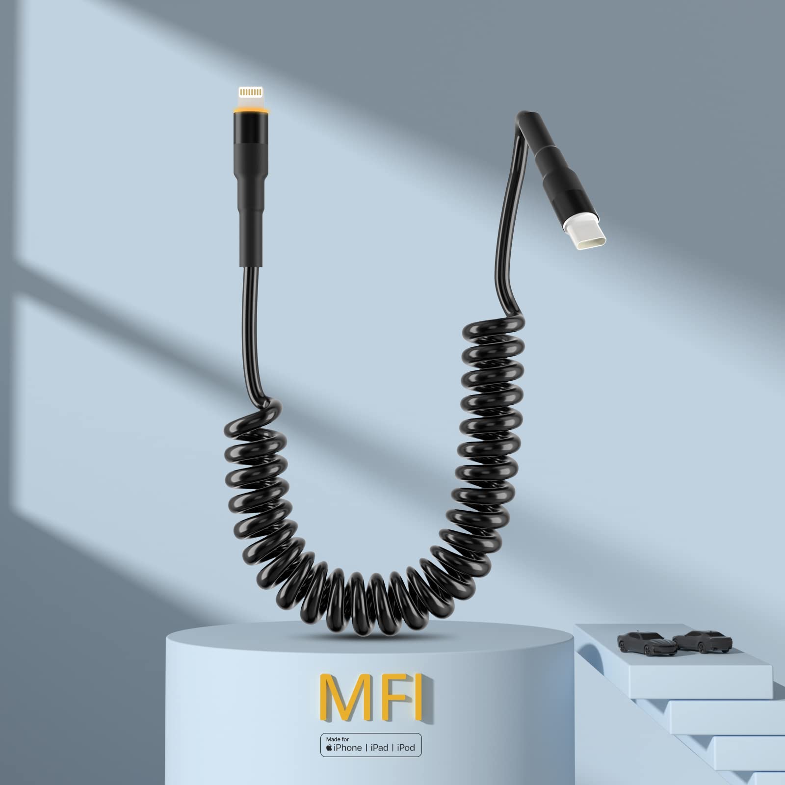 MFi Certified Coiled USB-C to Lightning Cable - Fast Charging & Data Sync for iPhone 14/13/12/11/X/8, iPad & iPod - Retractable Apple CarPlay Cord with LED Indicator - Perfect for Car, Home & Office Use